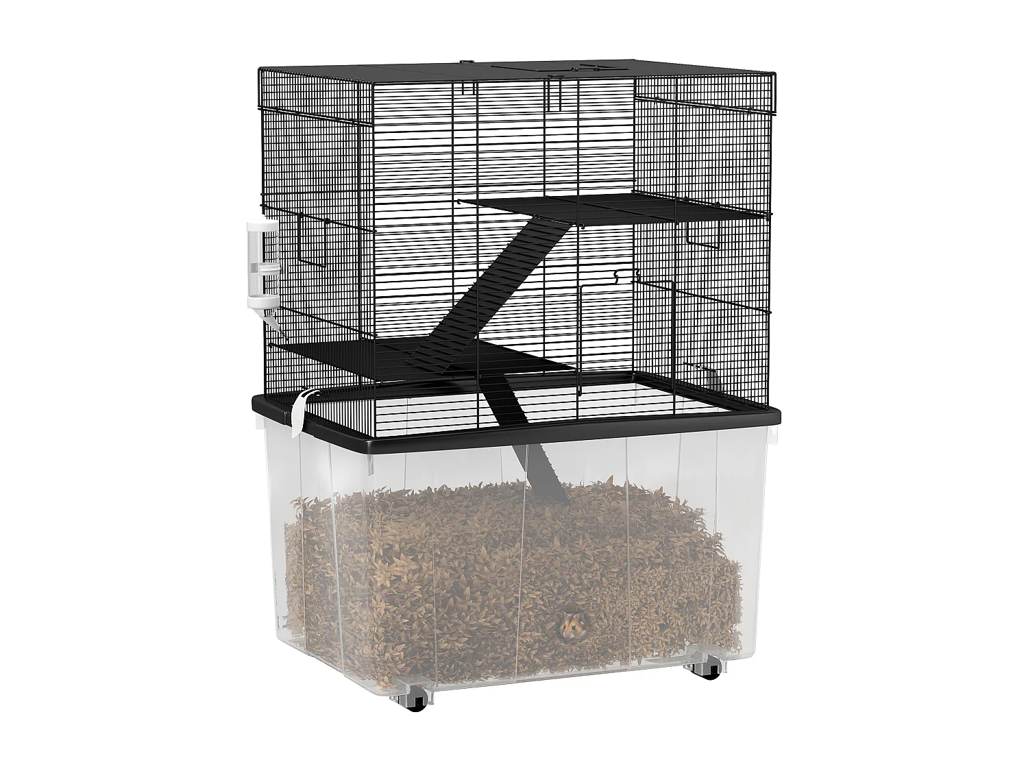 Gabbia per criceti 3 piani con ruote, rampe e bottiglia 58x43x74 cm nero