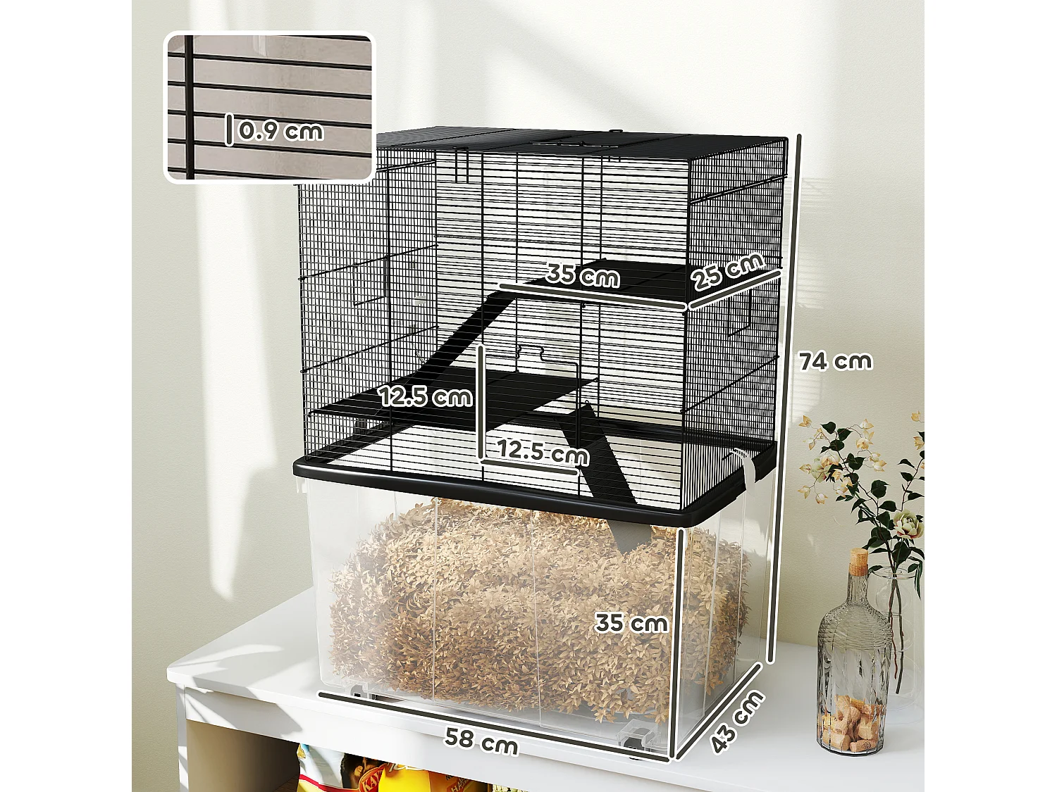 Gabbia per criceti 3 piani con ruote, rampe e bottiglia 58x43x74 cm nero
