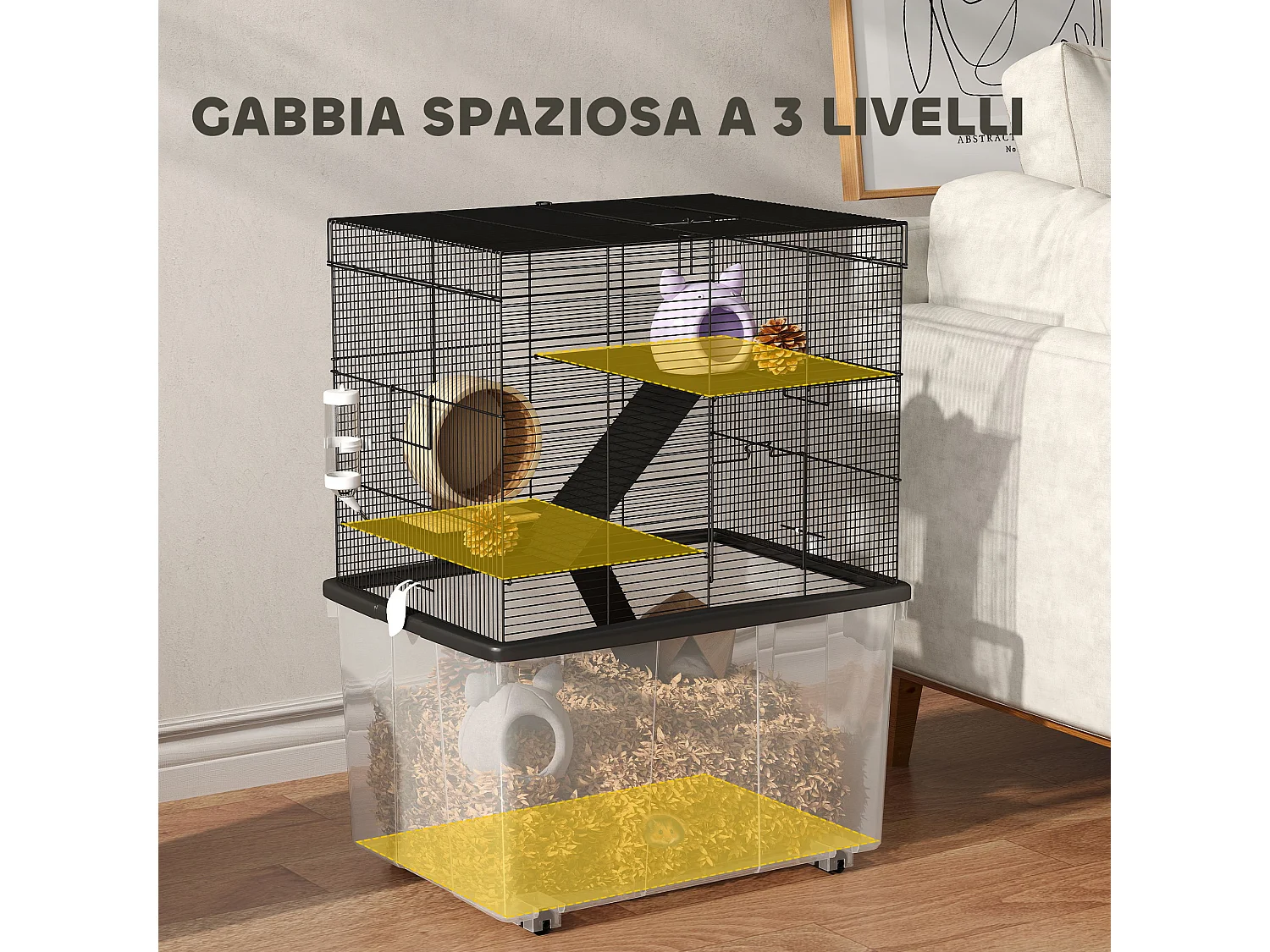 Gabbia per criceti 3 piani con ruote, rampe e bottiglia 58x43x74 cm nero