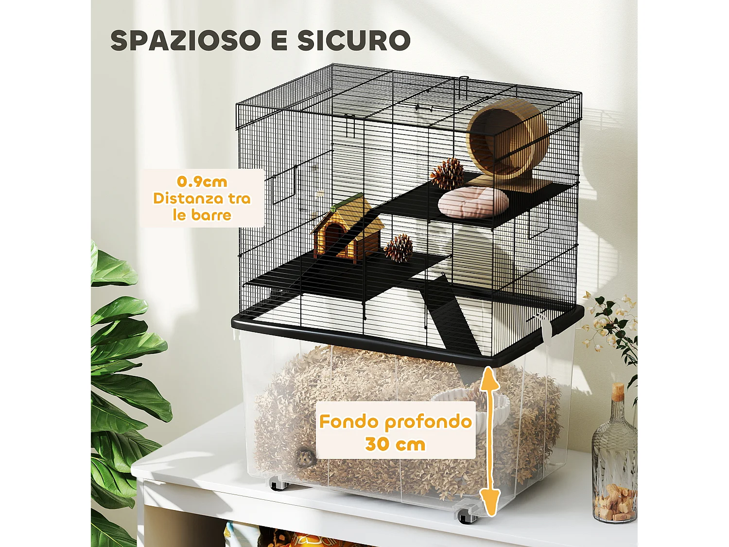 Gabbia per criceti 3 piani con ruote, rampe e bottiglia 58x43x74 cm nero