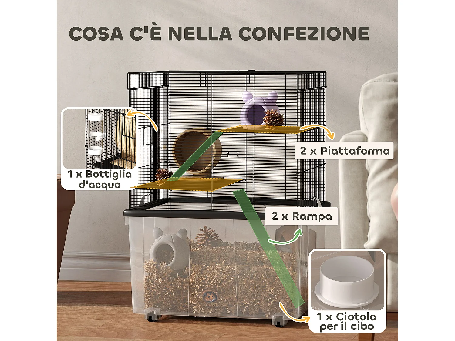 Gabbia per criceti 3 piani con ruote, rampe e bottiglia 58x43x74 cm nero
