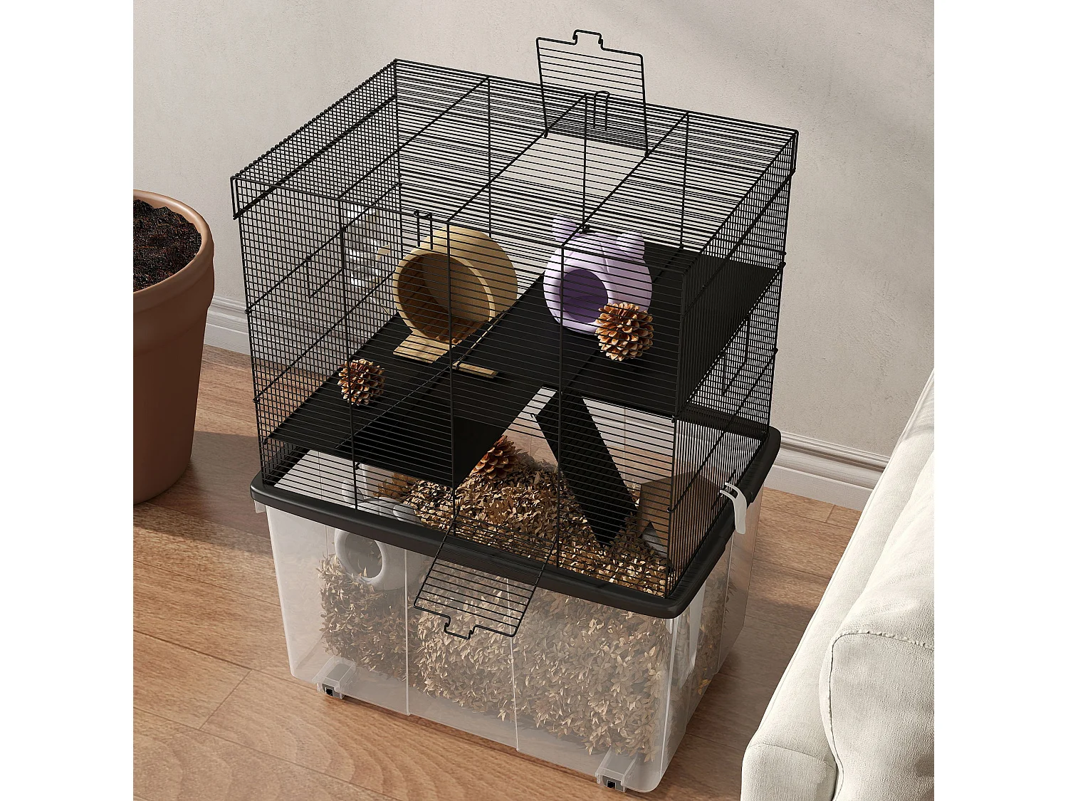 Gabbia per criceti 3 piani con ruote, rampe e bottiglia 58x43x74 cm nero