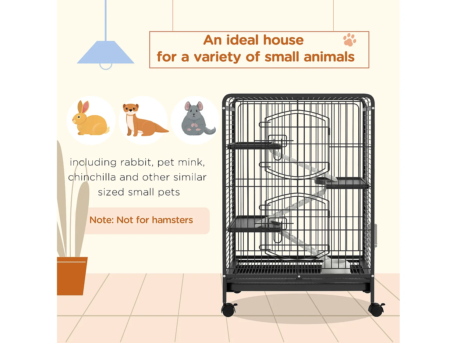 Gabbia per piccoli animali con rampe piattaforme e ruote 61.5x44x95cm