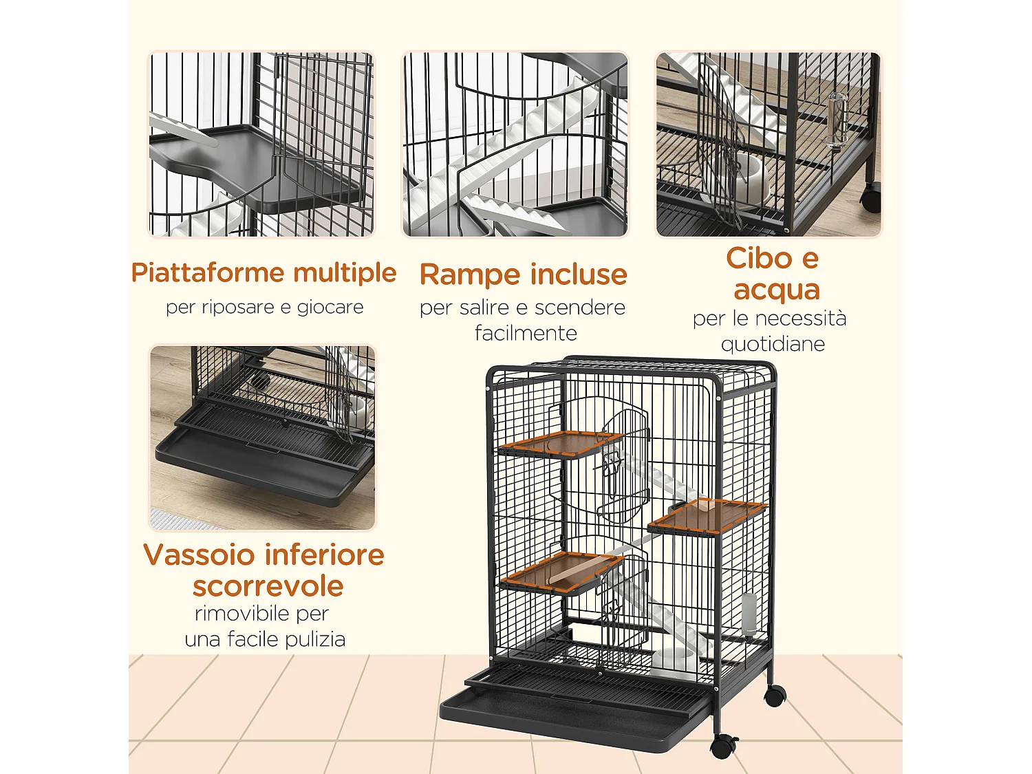 Gabbia per piccoli animali con rampe piattaforme e ruote 61.5x44x95cm