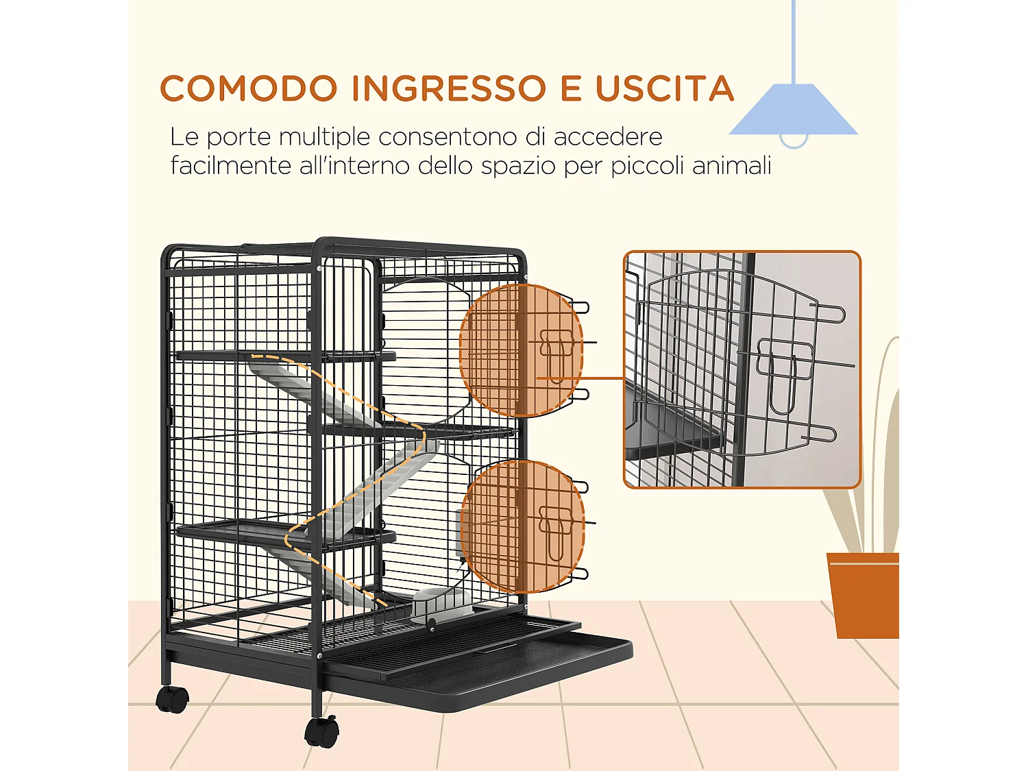 Gabbia per piccoli animali con rampe piattaforme e ruote 61.5x44x95cm