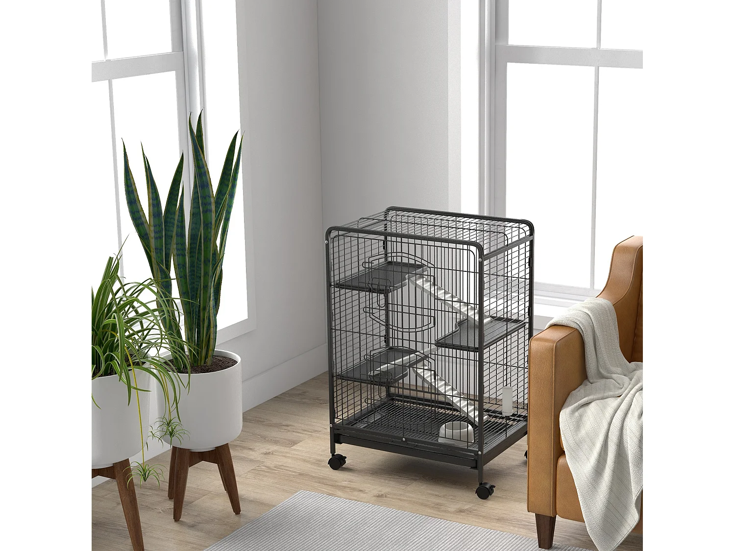 Gabbia per piccoli animali con rampe piattaforme e ruote 61.5x44x95cm