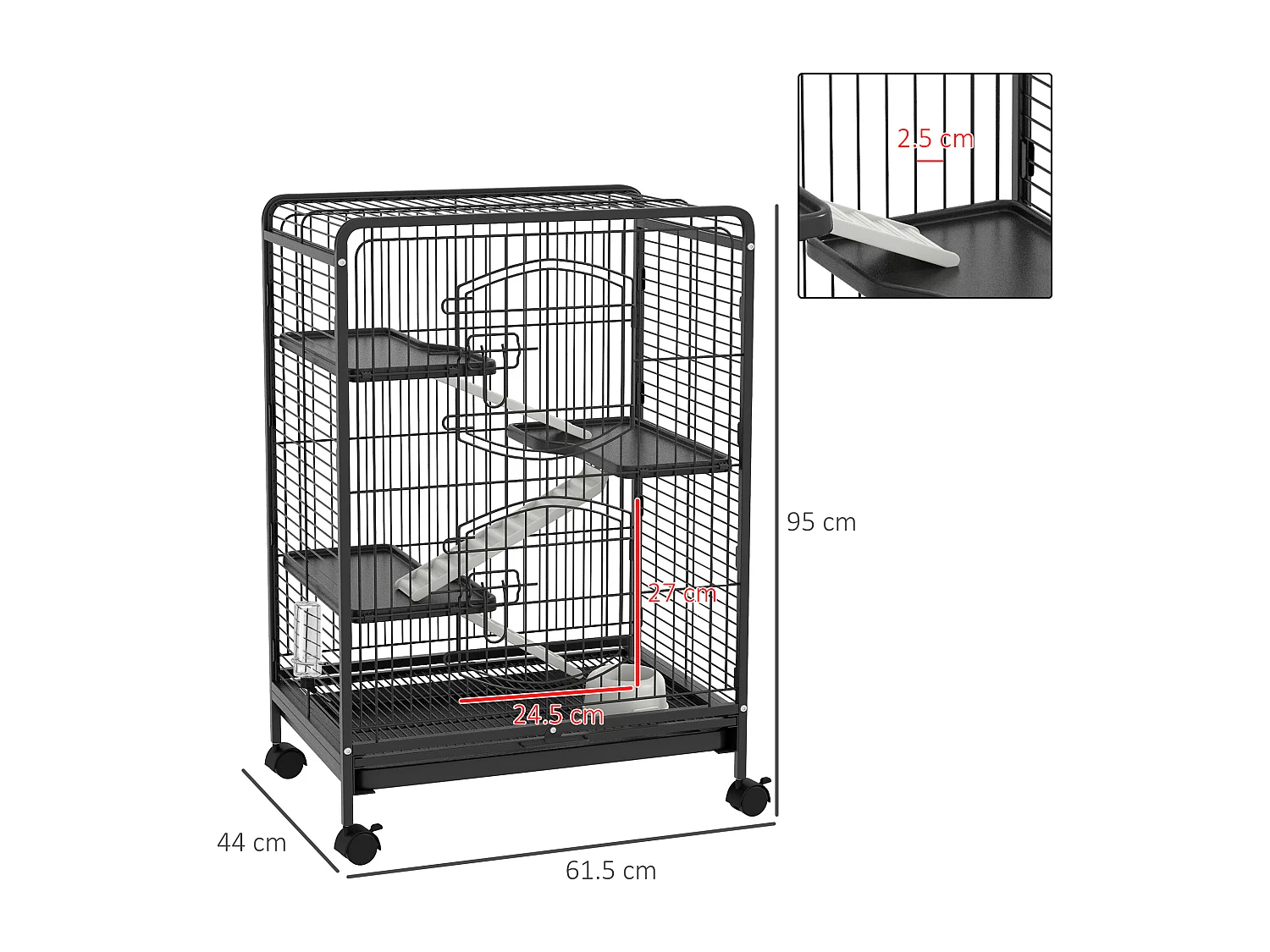 Gabbia per piccoli animali con rampe piattaforme e ruote 61.5x44x95cm
