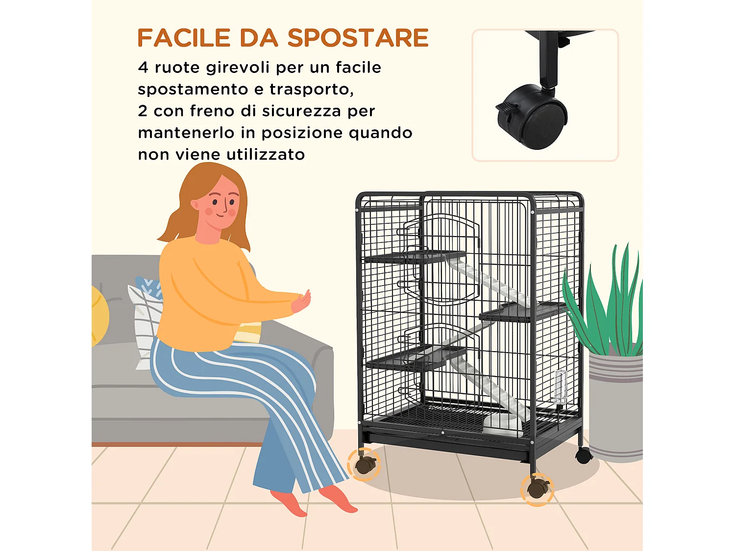 Gabbia per piccoli animali con rampe piattaforme e ruote 61.5x44x95cm