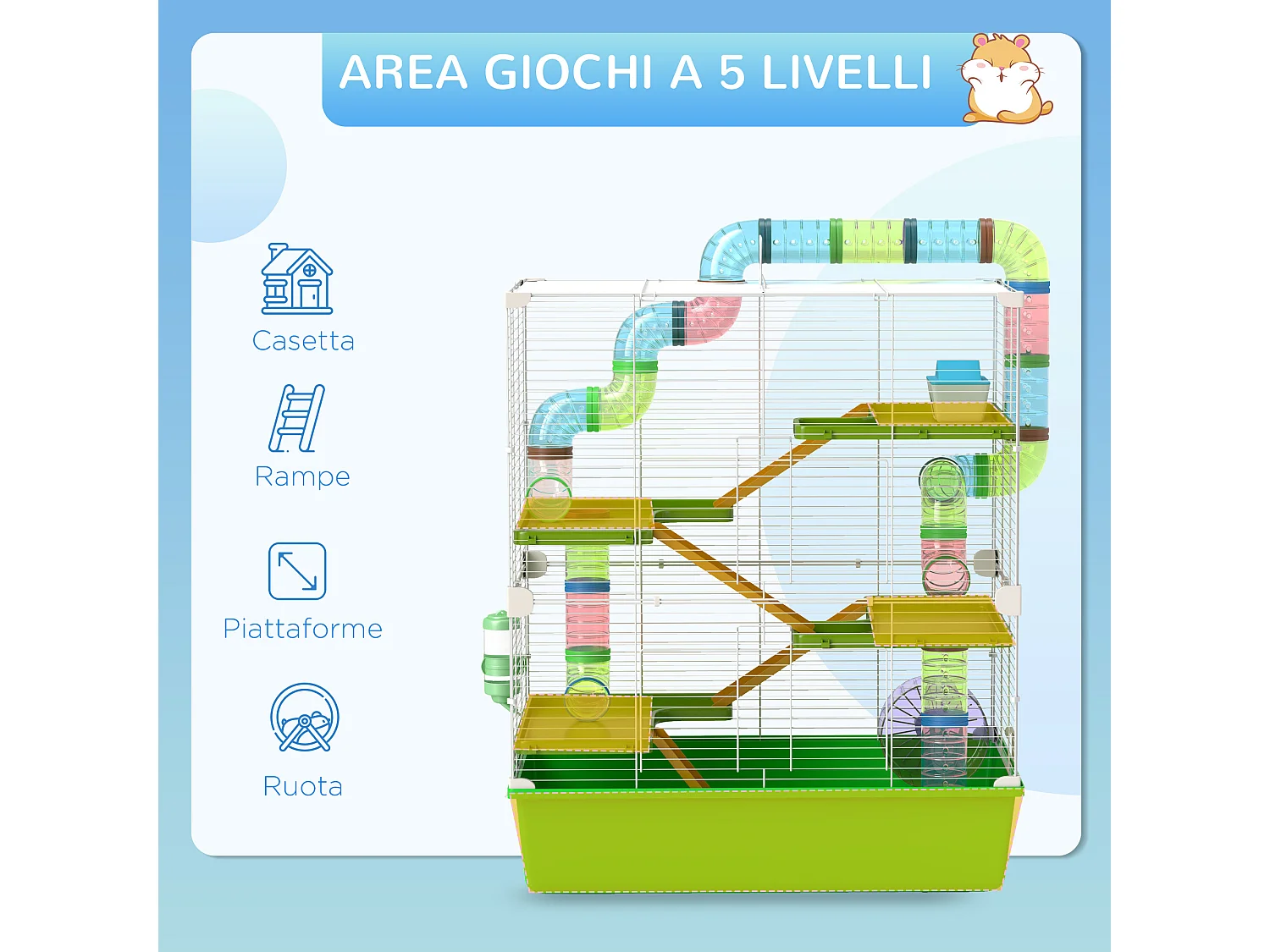 Gabbia per criceti a 5 livelli in acciaio e plastica verde e bianca