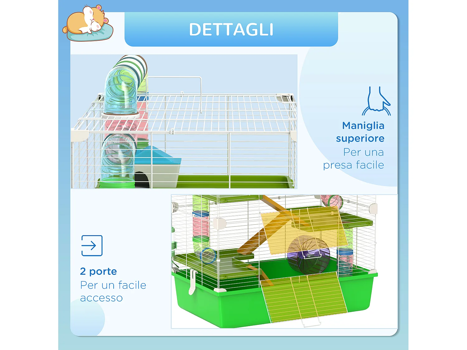 Gabbia per criceti a 5 livelli in acciaio e plastica verde e bianca