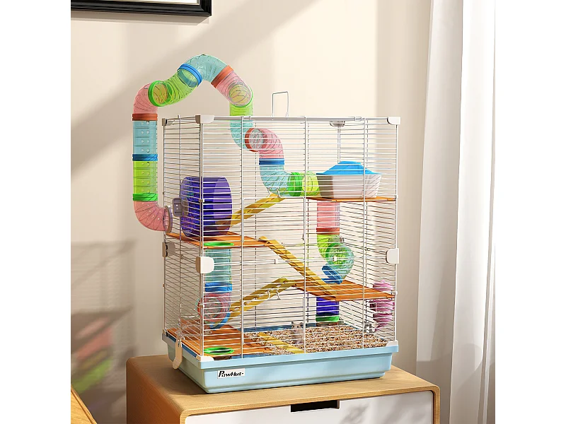 Gabbia per criceti a 5 livelli in metallo e plastica blu