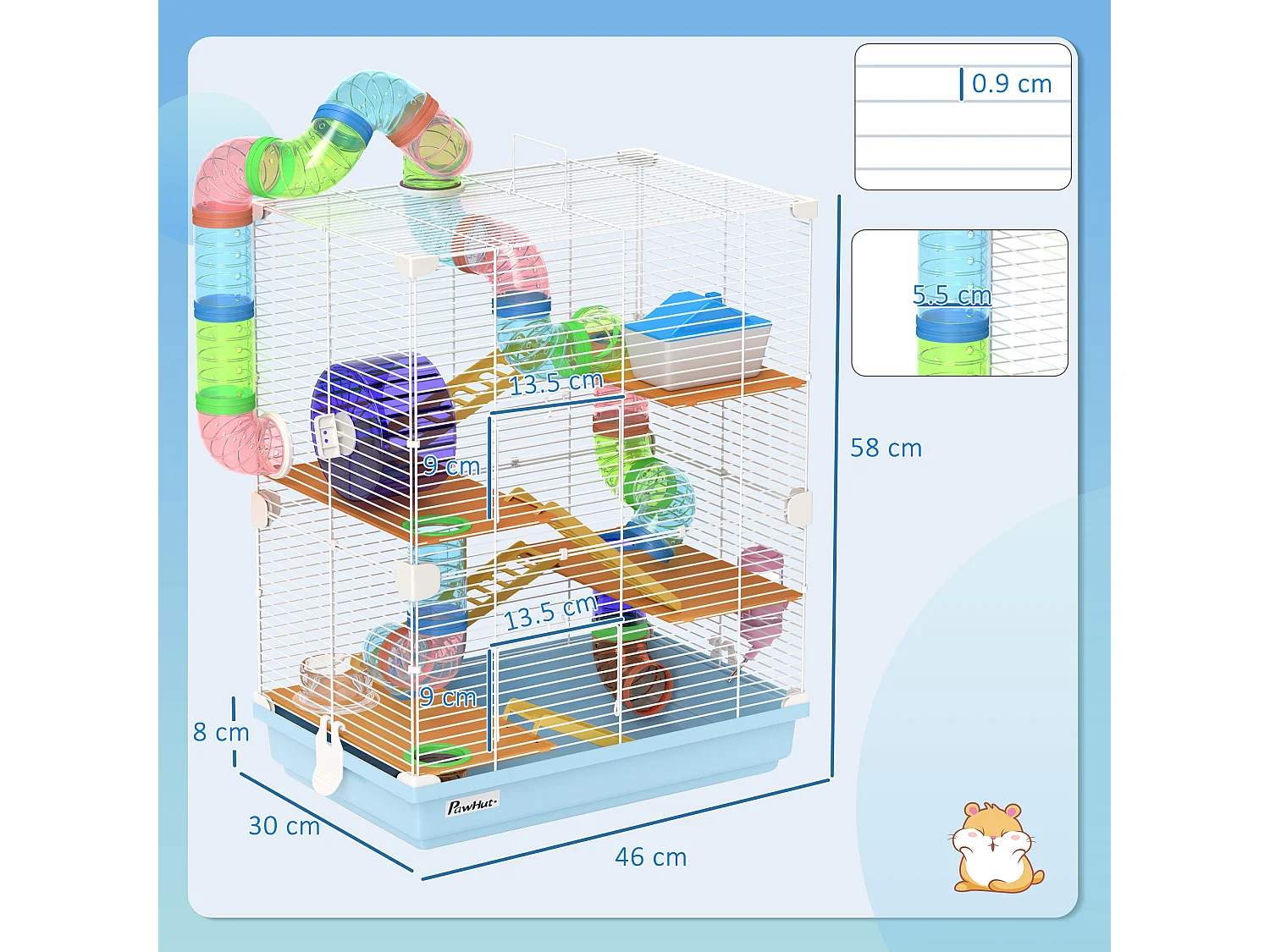 Gabbia per criceti a 5 livelli in metallo e plastica blu