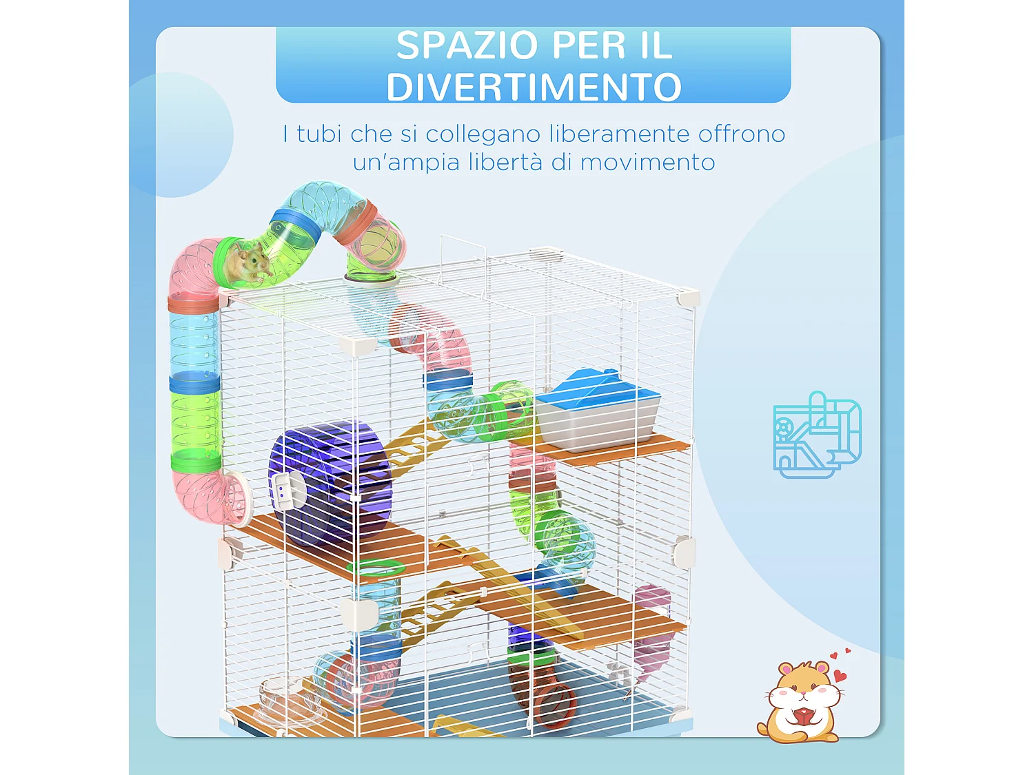 Gabbia per criceti a 5 livelli in metallo e plastica blu