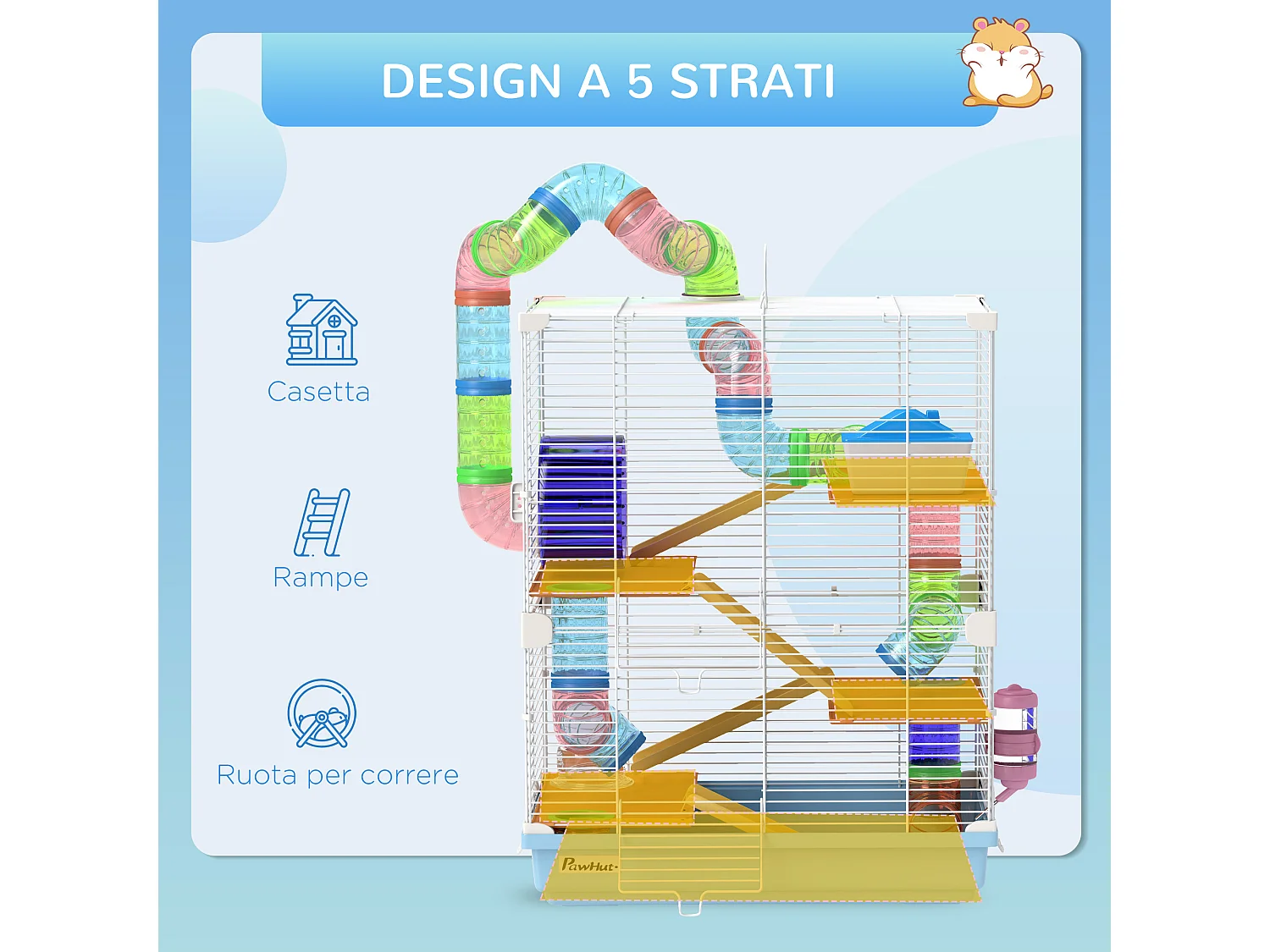 Gabbia per criceti a 5 livelli in metallo e plastica blu