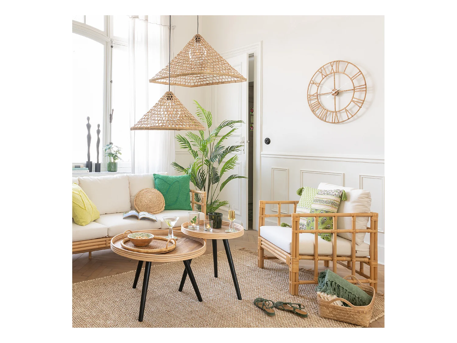 Fauteuil en Rotin & Coussin "Elise" 73cm Naturel