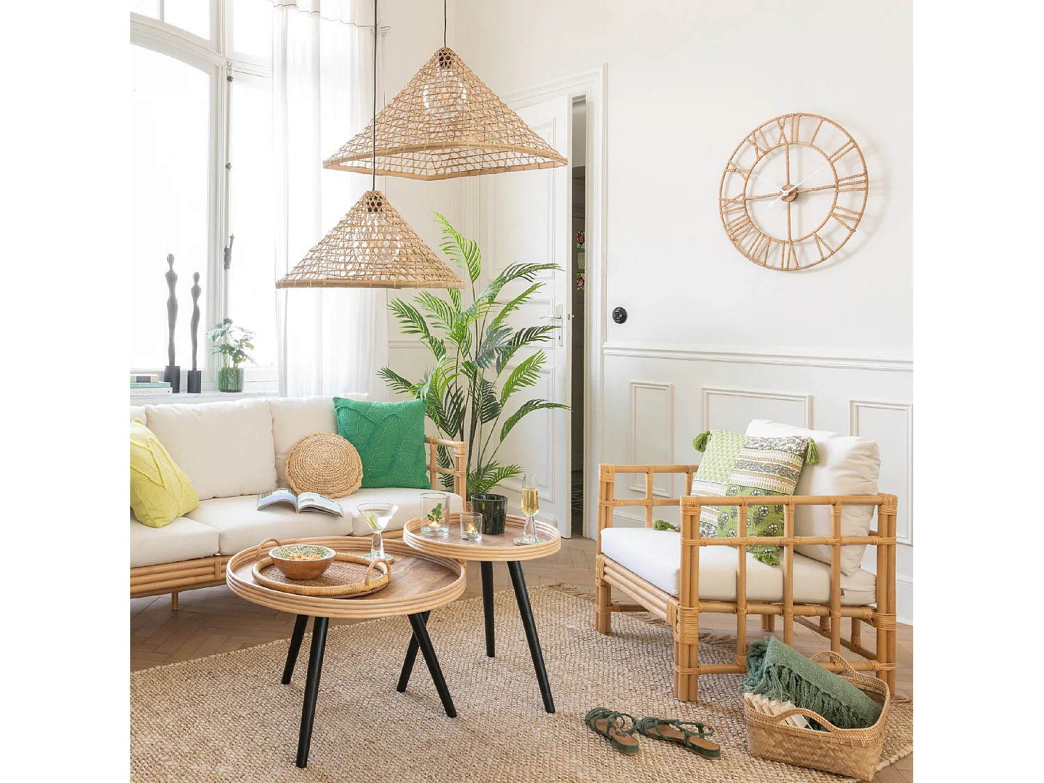 Fauteuil en Rotin & Coussin "Elise" 73cm Naturel