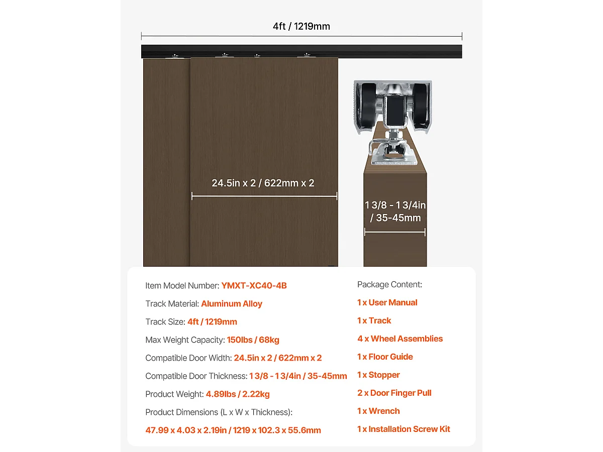 Kit de Quincaillerie pour Porte de Dérivation SucceBuy de 121.92cm pour Système à 2 Portes