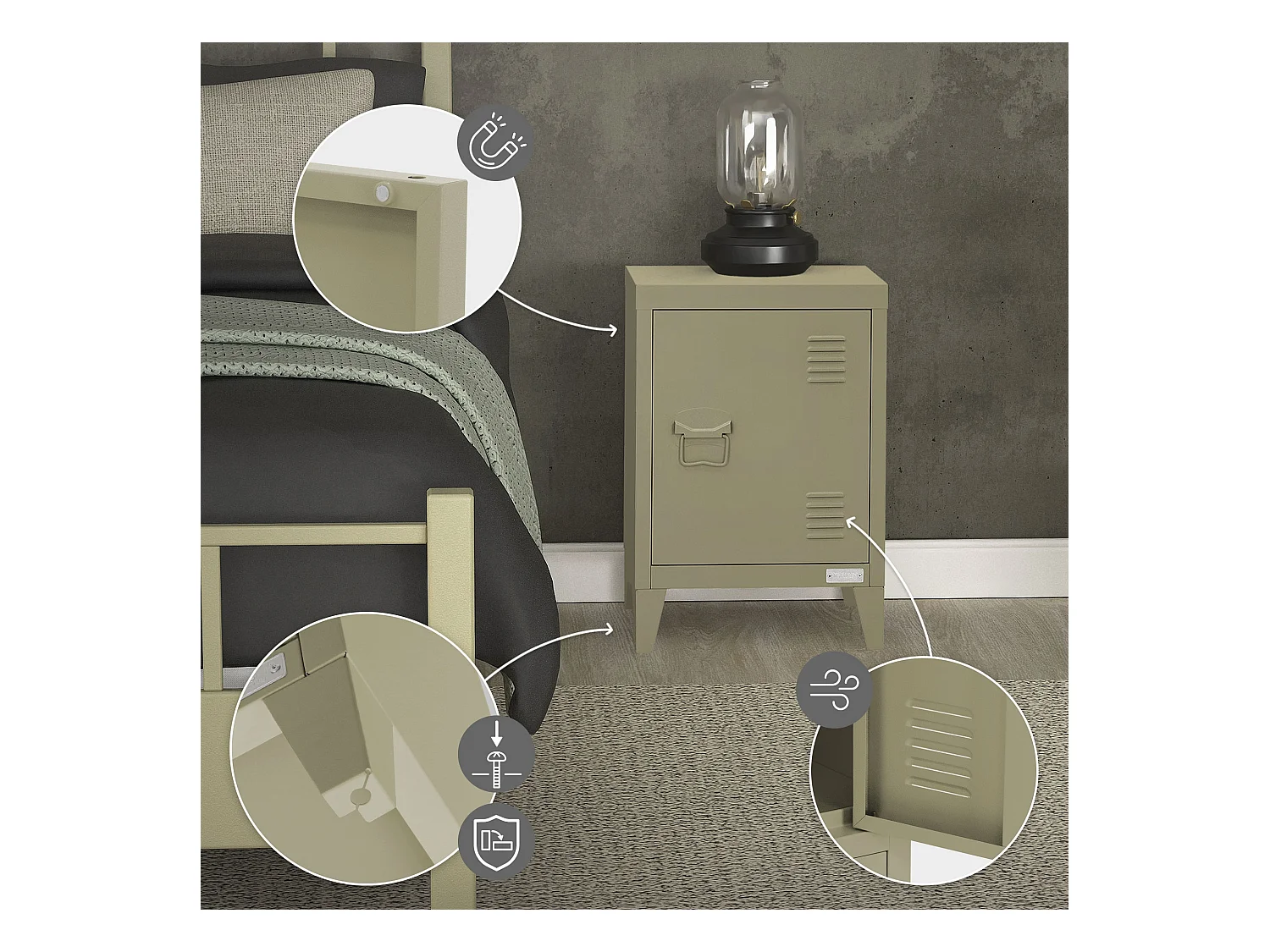 Table de chevet armoire 40x30x58 cm olive mat en acier poignée de porte à gauche style industriel meuble de nuit d'appoint commode d'entrée chambre