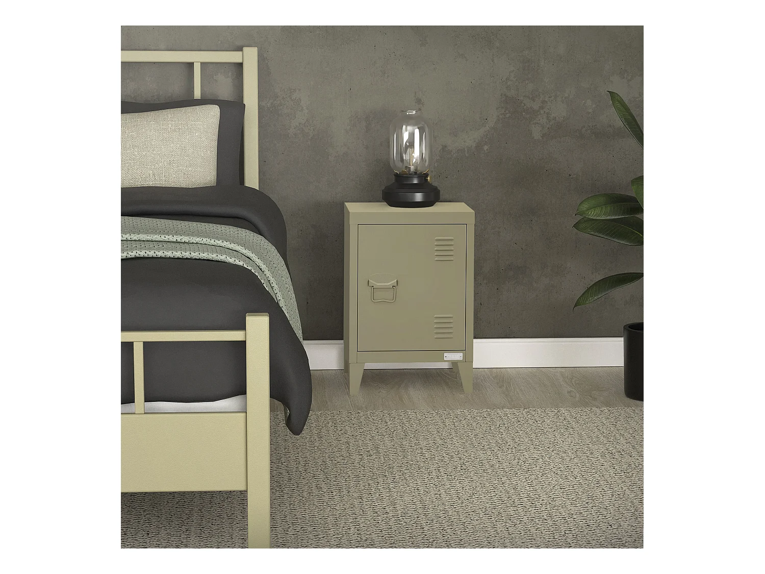 Table de chevet armoire 40x30x58 cm olive mat en acier poignée de porte à gauche style industriel meuble de nuit d'appoint commode d'entrée chambre