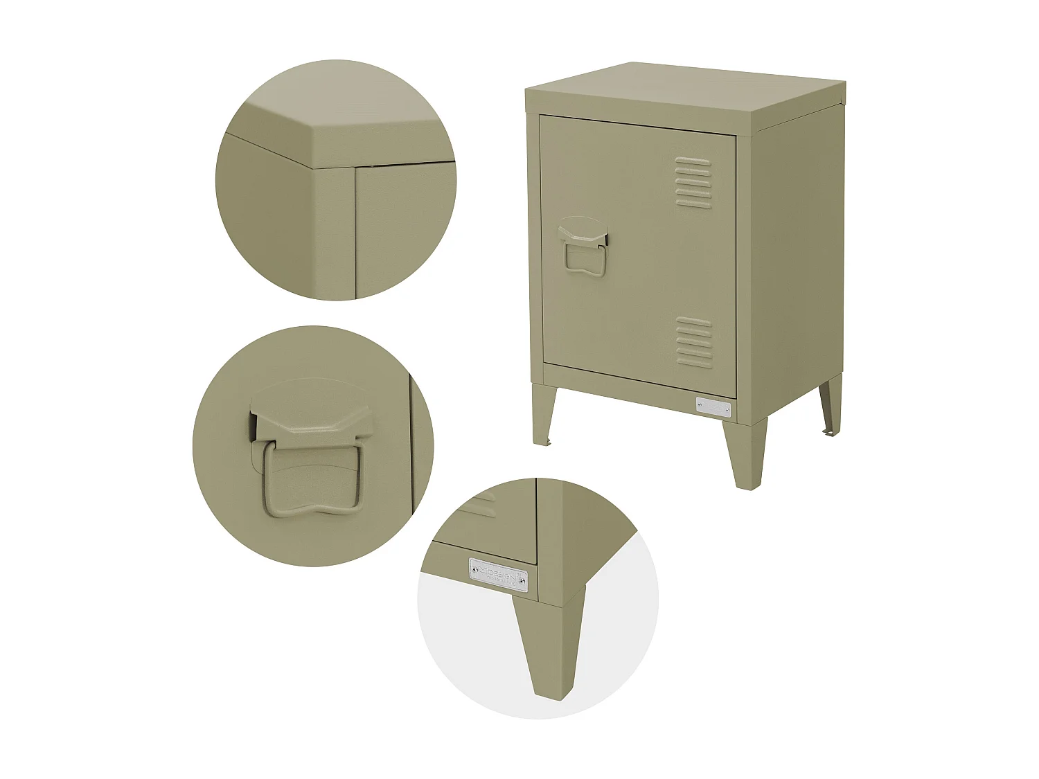 ML-Design Mesita de noche de metal oliva 40x30x58 cm armario de diseño industrial mesilla auxiliar con puerta de cierre magnético y estante regulable