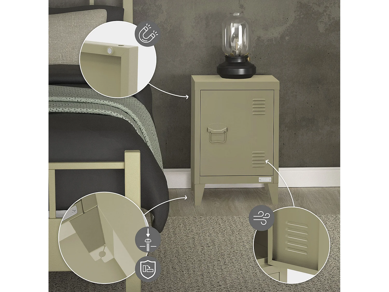 ML-Design Mesita de noche de metal oliva 40x30x58 cm armario de diseño industrial mesilla auxiliar con puerta de cierre magnético y estante regulable