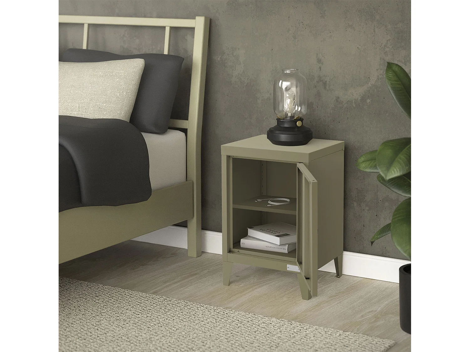 ML-Design Mesita de noche de metal oliva 40x30x58 cm armario de diseño industrial mesilla auxiliar con puerta de cierre magnético y estante regulable
