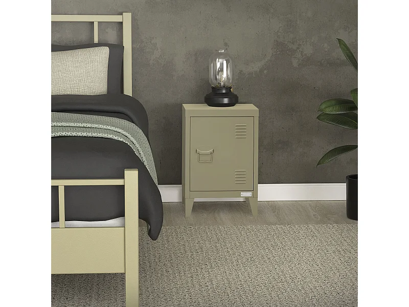 ML-Design Mesita de noche de metal oliva 40x30x58 cm armario de diseño industrial mesilla auxiliar con puerta de cierre magnético y estante regulable