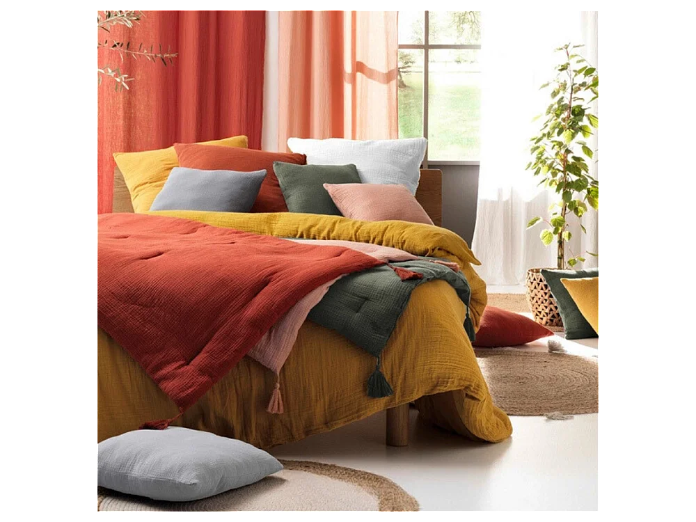 Bettwäsche aus Doppel-Gaze-Baumwolle 240x220 cm Braun mit 2 Kissenbezügen 63x63 cm - Druckknopfverschluss, Thermoregulierender Komfort