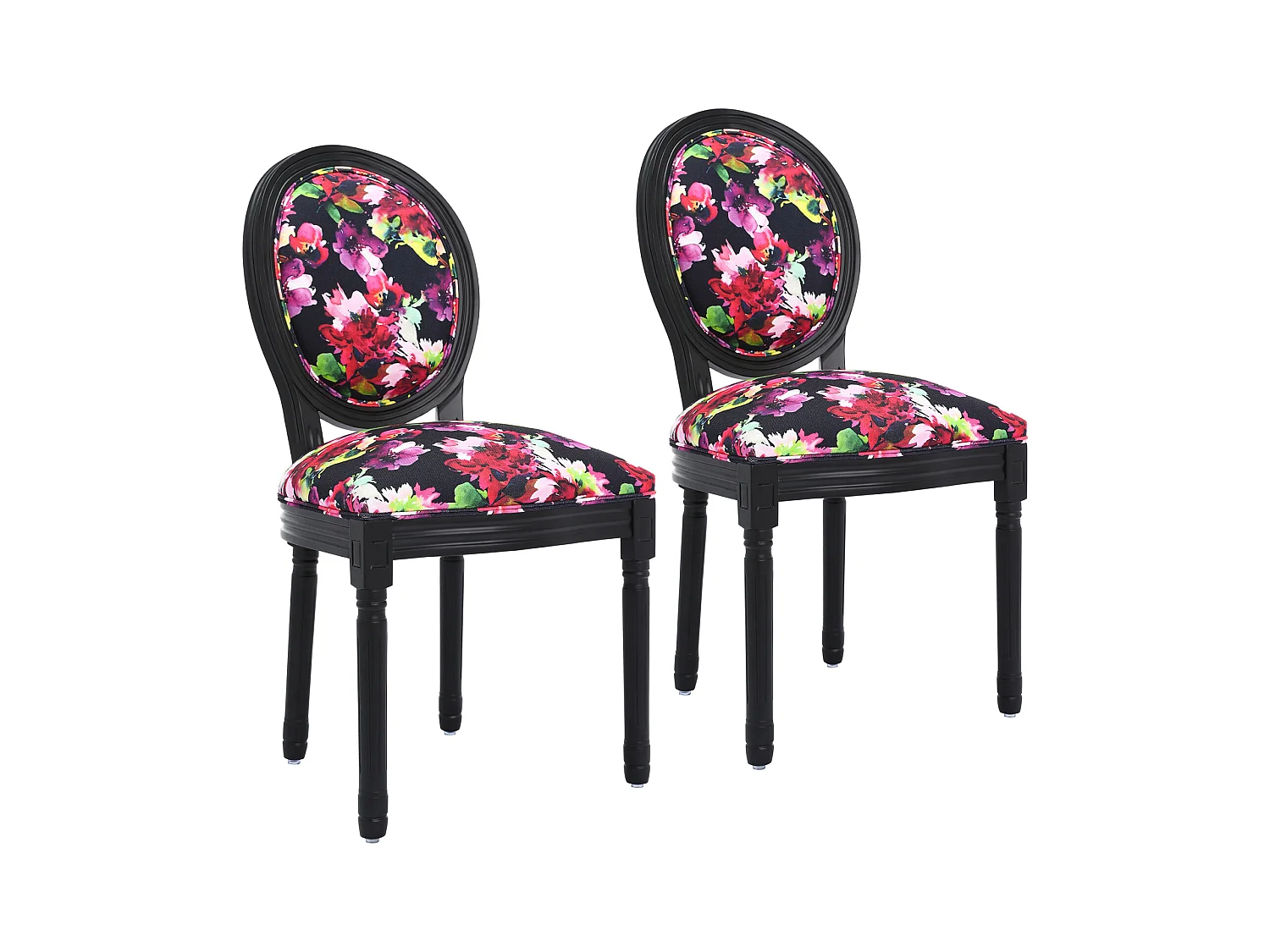 Lot de 2 chaises de salle à manger - Style Louis XVI à médaillon, en bois massif sculpté et patiné - Fond noir à fleurs rouges - Élégance rétro