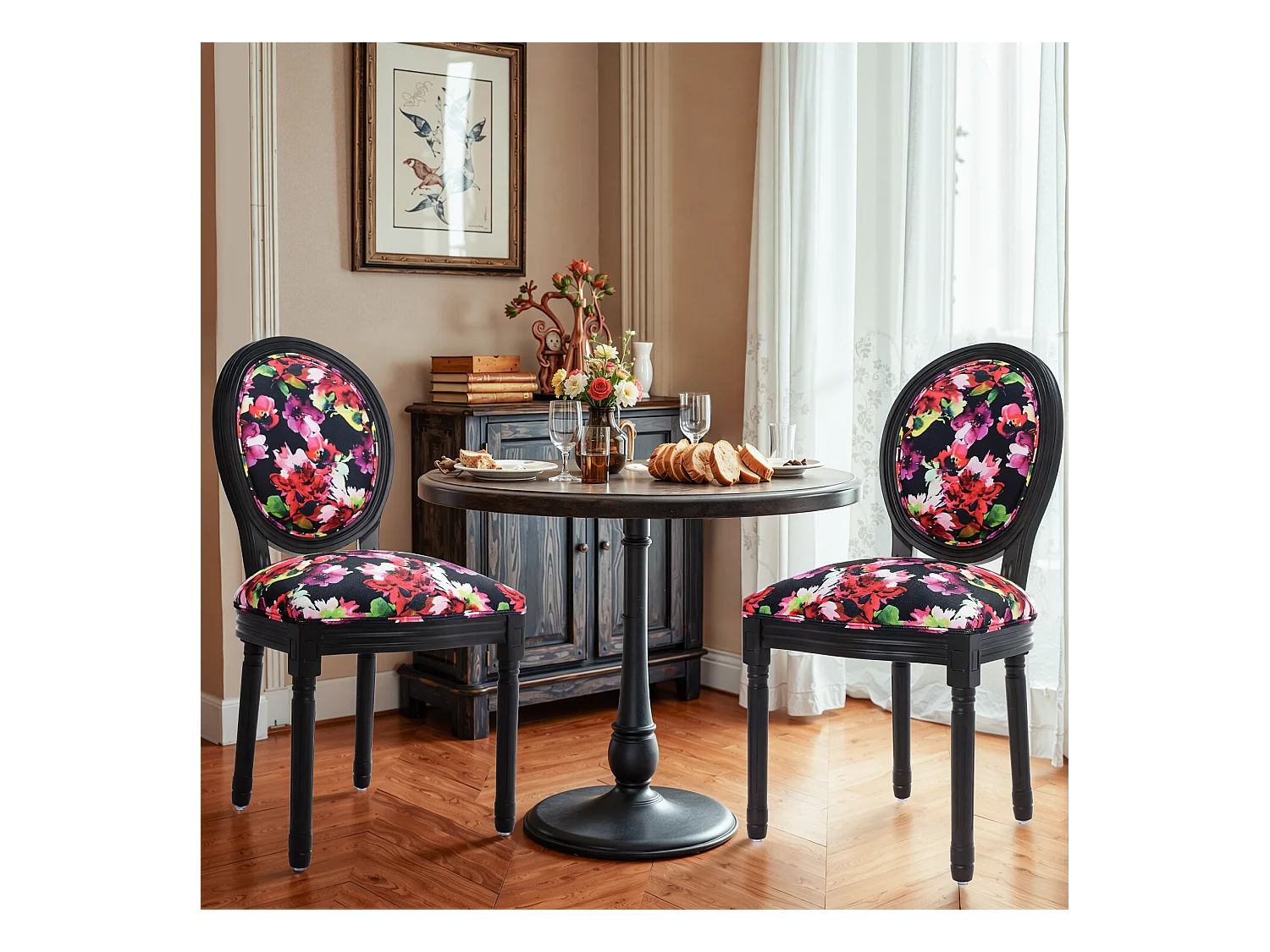 Lot de 2 chaises de salle à manger - Style Louis XVI à médaillon, en bois massif sculpté et patiné - Fond noir à fleurs rouges - Élégance rétro