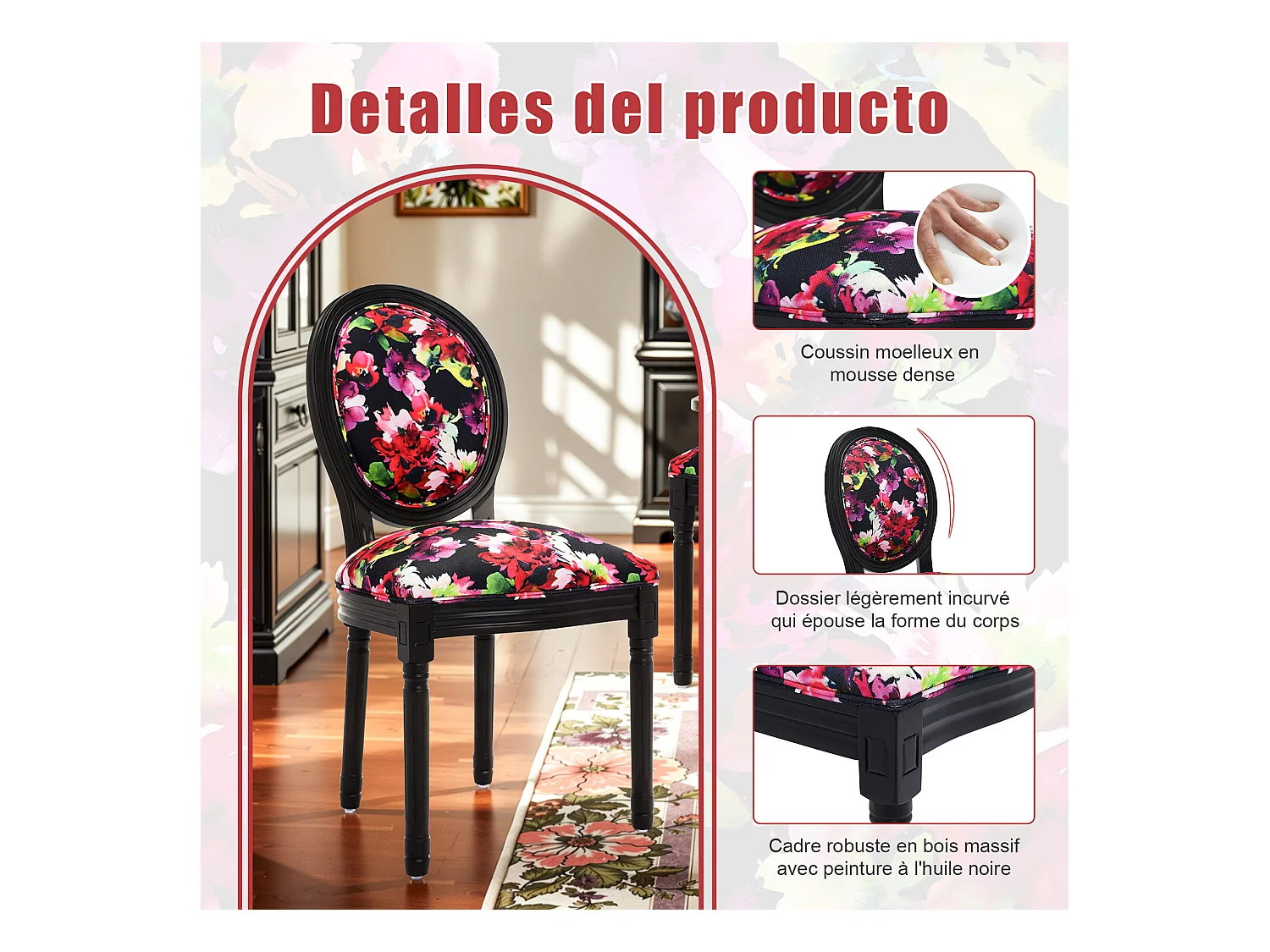 Lot de 2 chaises de salle à manger - Style Louis XVI à médaillon, en bois massif sculpté et patiné - Fond noir à fleurs rouges - Élégance rétro