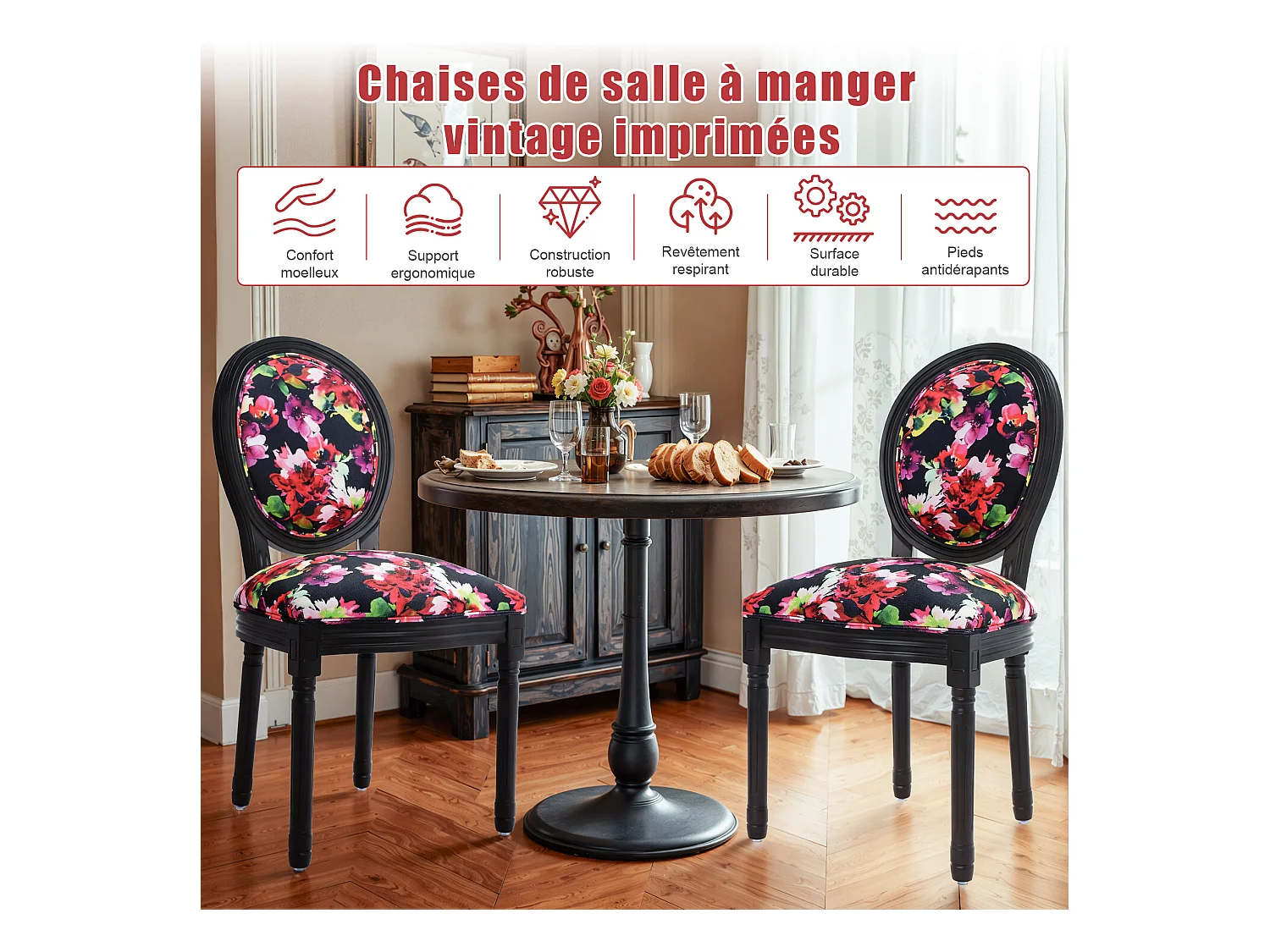 Lot de 2 chaises de salle à manger - Style Louis XVI à médaillon, en bois massif sculpté et patiné - Fond noir à fleurs rouges - Élégance rétro