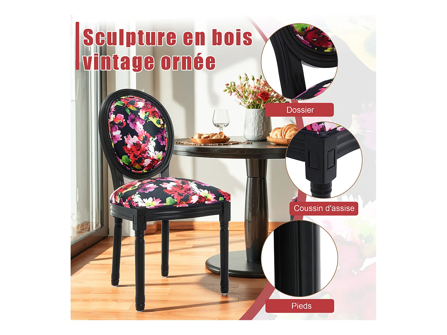 Lot de 2 chaises de salle à manger - Style Louis XVI à médaillon, en bois massif sculpté et patiné - Fond noir à fleurs rouges - Élégance rétro
