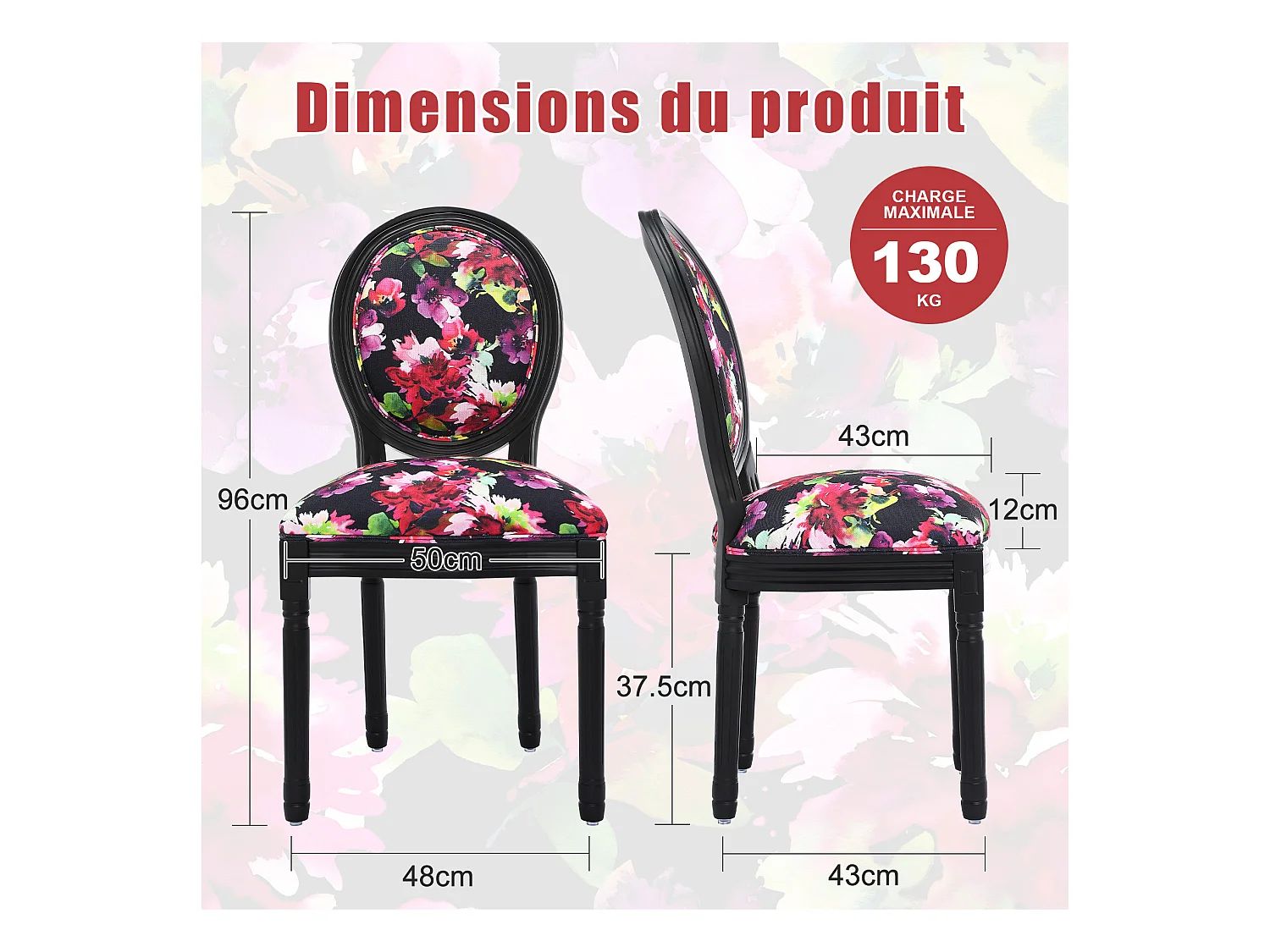 Lot de 2 chaises de salle à manger - Style Louis XVI à médaillon, en bois massif sculpté et patiné - Fond noir à fleurs rouges - Élégance rétro