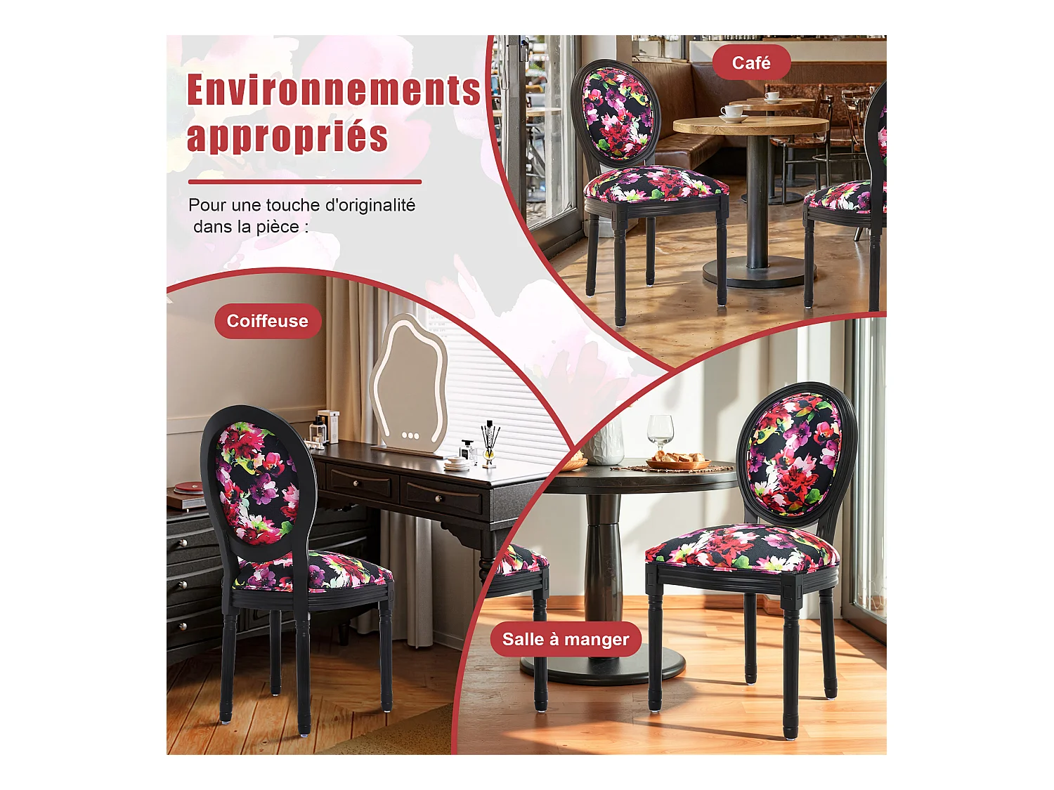 Lot de 2 chaises de salle à manger - Style Louis XVI à médaillon, en bois massif sculpté et patiné - Fond noir à fleurs rouges - Élégance rétro