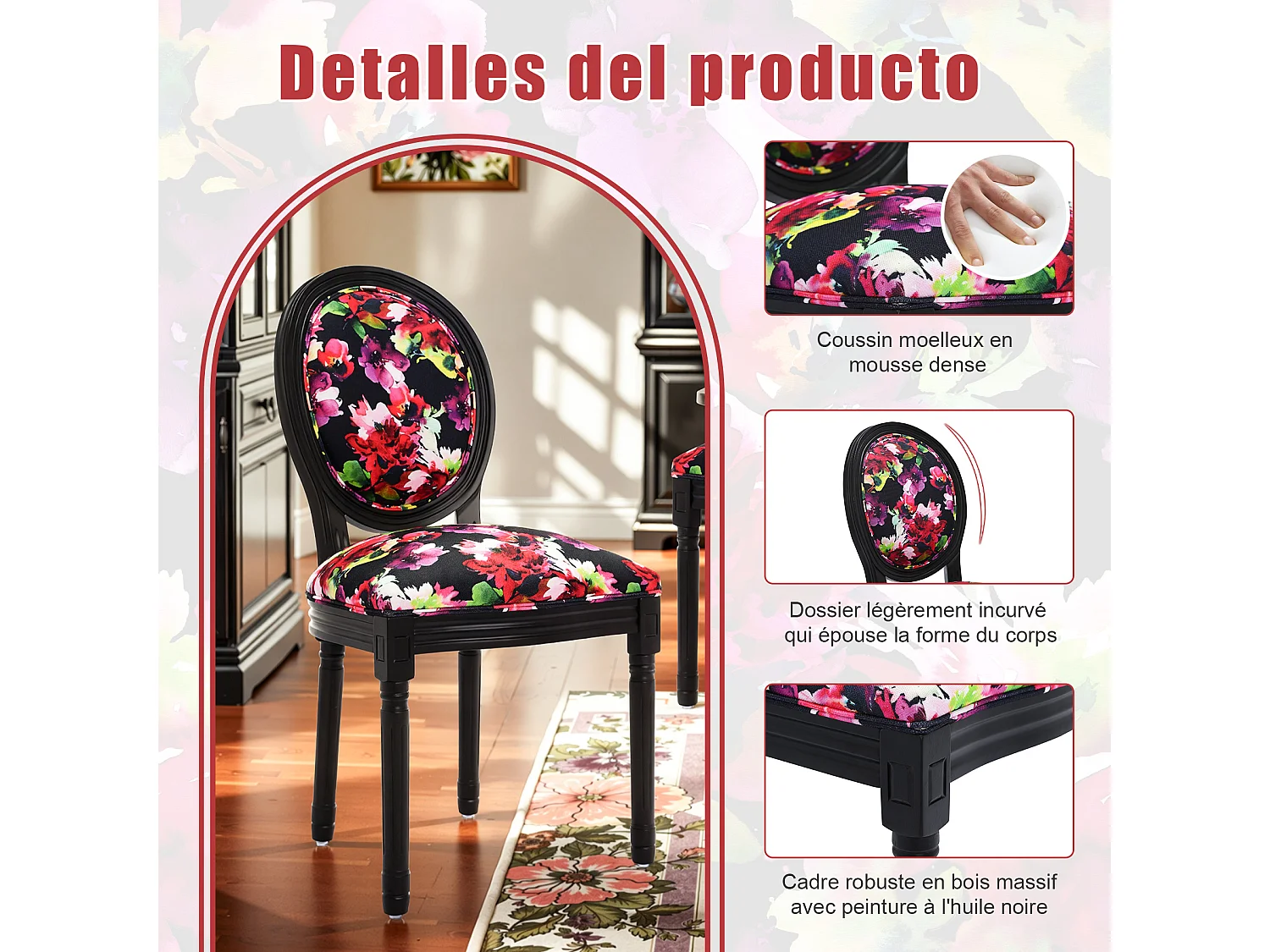 2 eetkamerstoelen: zwart frame, fel bloemenpatroon op zwarte achtergrond - 56x50x94,5 cm - Hedendaags Chinees design