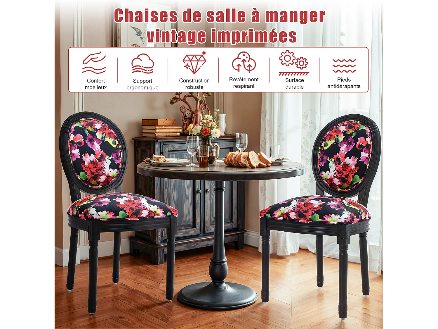 2 eetkamerstoelen: zwart frame, fel bloemenpatroon op zwarte achtergrond - 56x50x94,5 cm - Hedendaags Chinees design