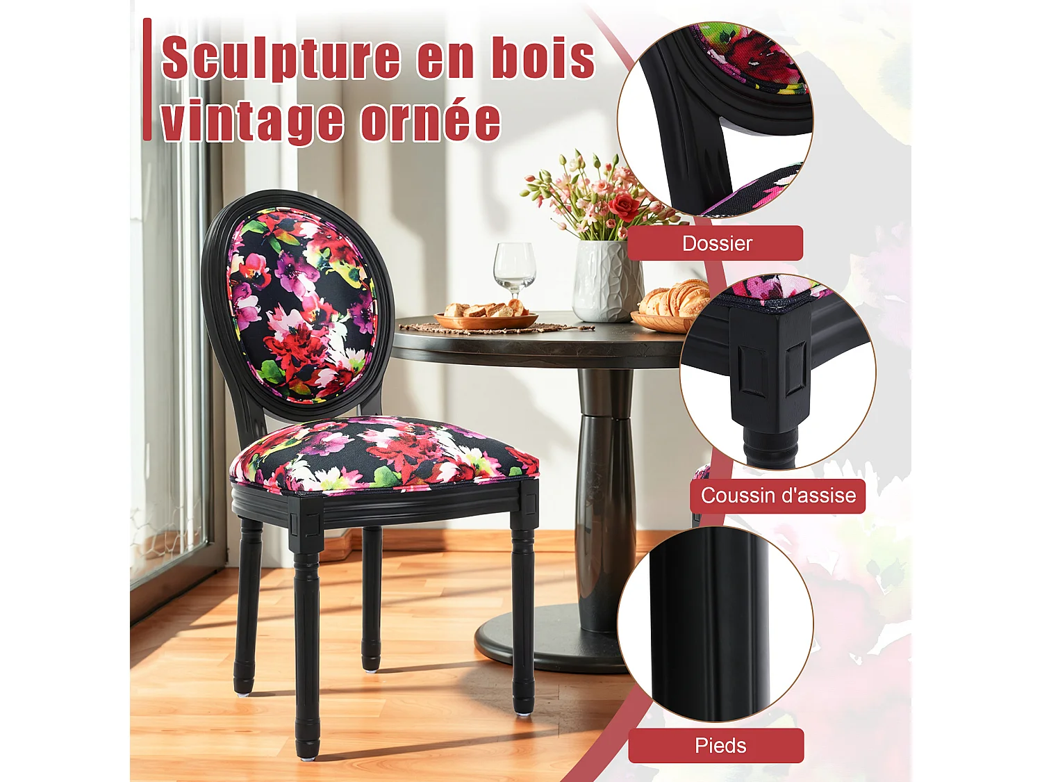 2 eetkamerstoelen: zwart frame, fel bloemenpatroon op zwarte achtergrond - 56x50x94,5 cm - Hedendaags Chinees design