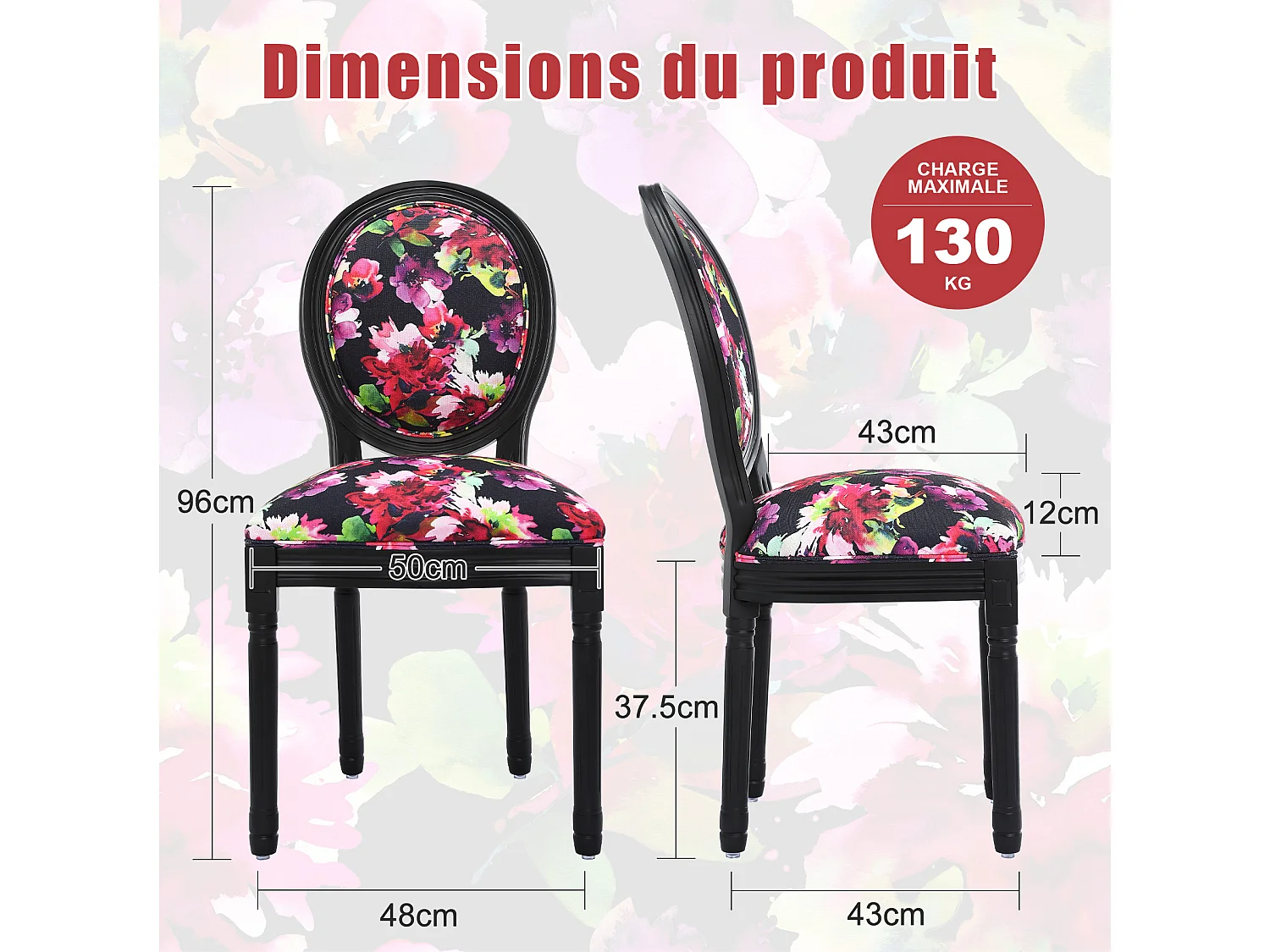 2 eetkamerstoelen: zwart frame, fel bloemenpatroon op zwarte achtergrond - 56x50x94,5 cm - Hedendaags Chinees design
