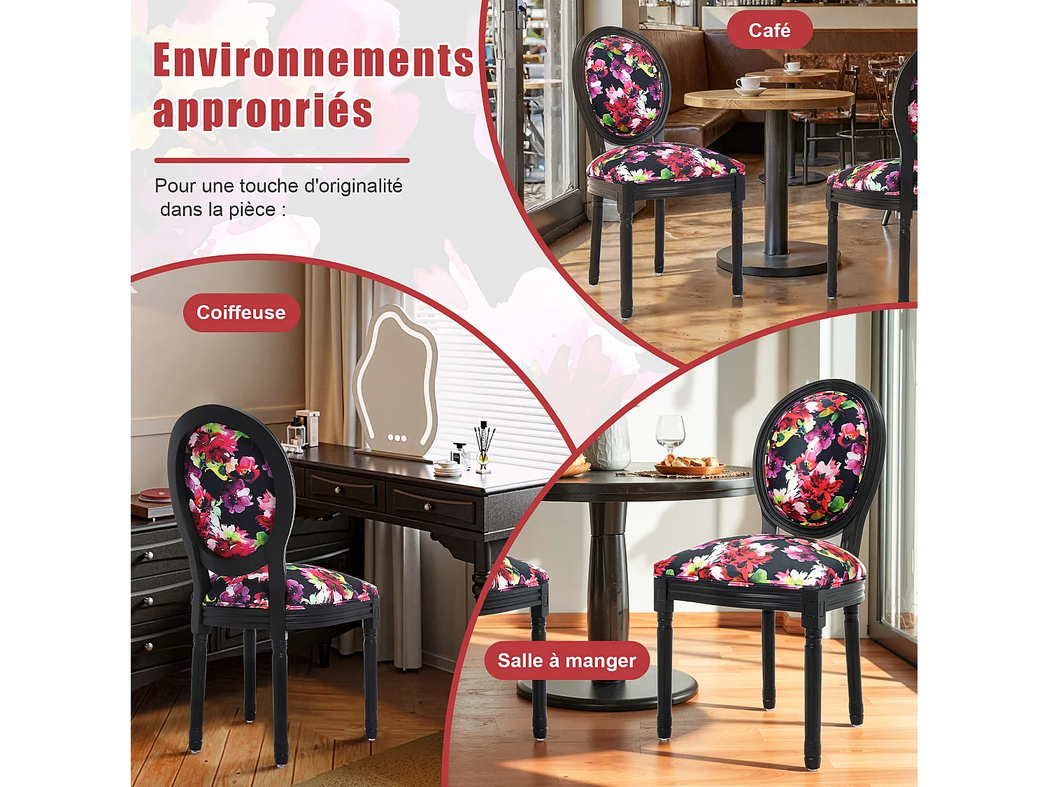 2 eetkamerstoelen: zwart frame, fel bloemenpatroon op zwarte achtergrond - 56x50x94,5 cm - Hedendaags Chinees design