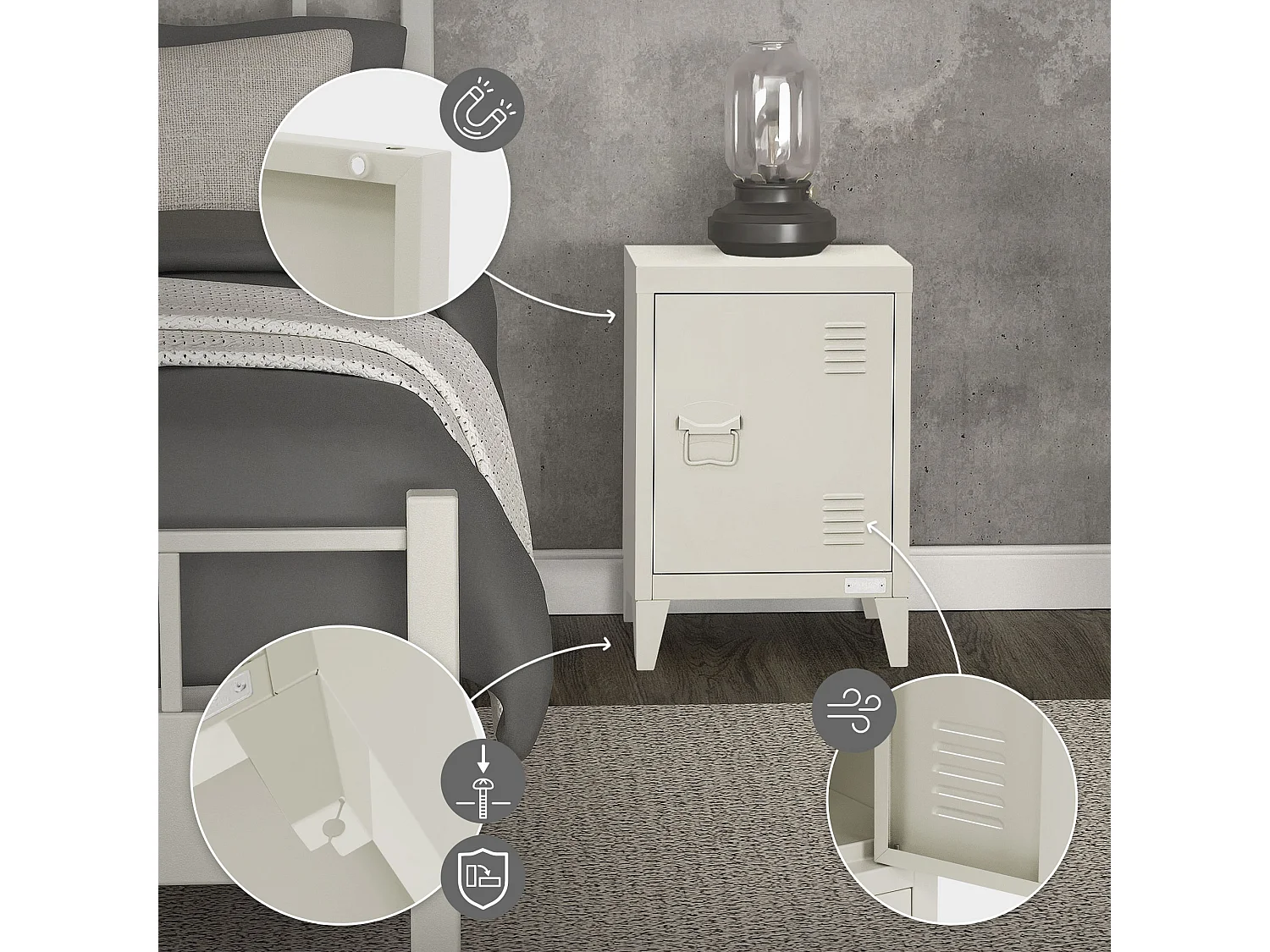 Table de chevet armoire 40x30x58 cm gris clair mat en acier poignée de porte à gauche style industriel meuble de nuit d'appoint commode de chambre