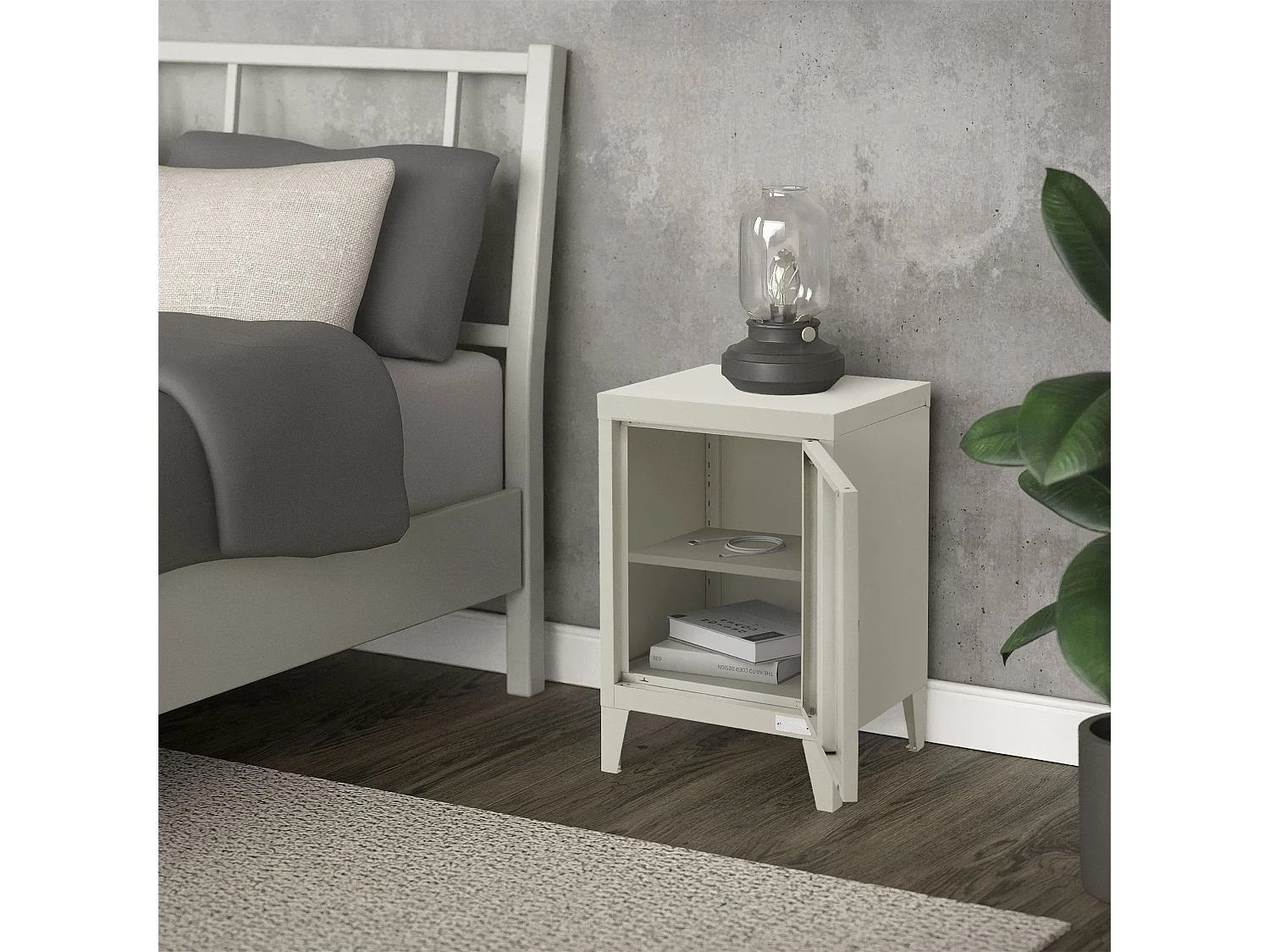 Table de chevet armoire 40x30x58 cm gris clair mat en acier poignée de porte à gauche style industriel meuble de nuit d'appoint commode de chambre