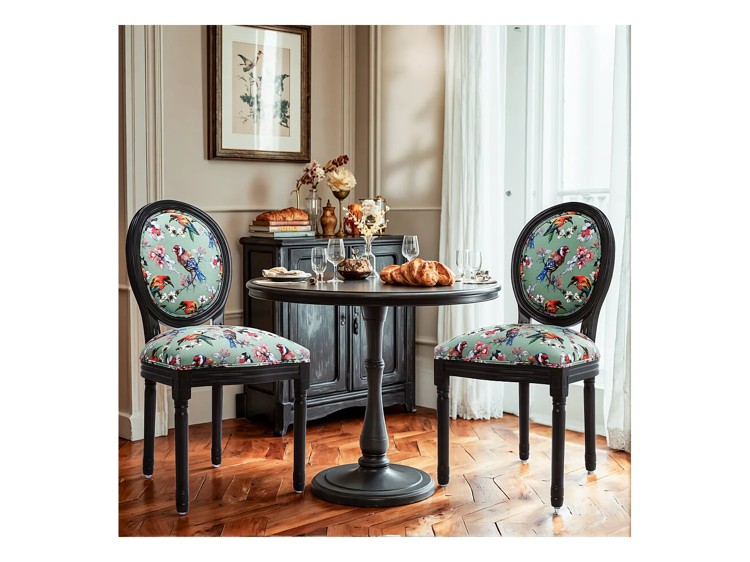 Paar eetkamerstoelen: zwart frame, vogel- en bloemenpatroon op groene achtergrond - 56×50×94,5 cm - Aziatische inspiratie