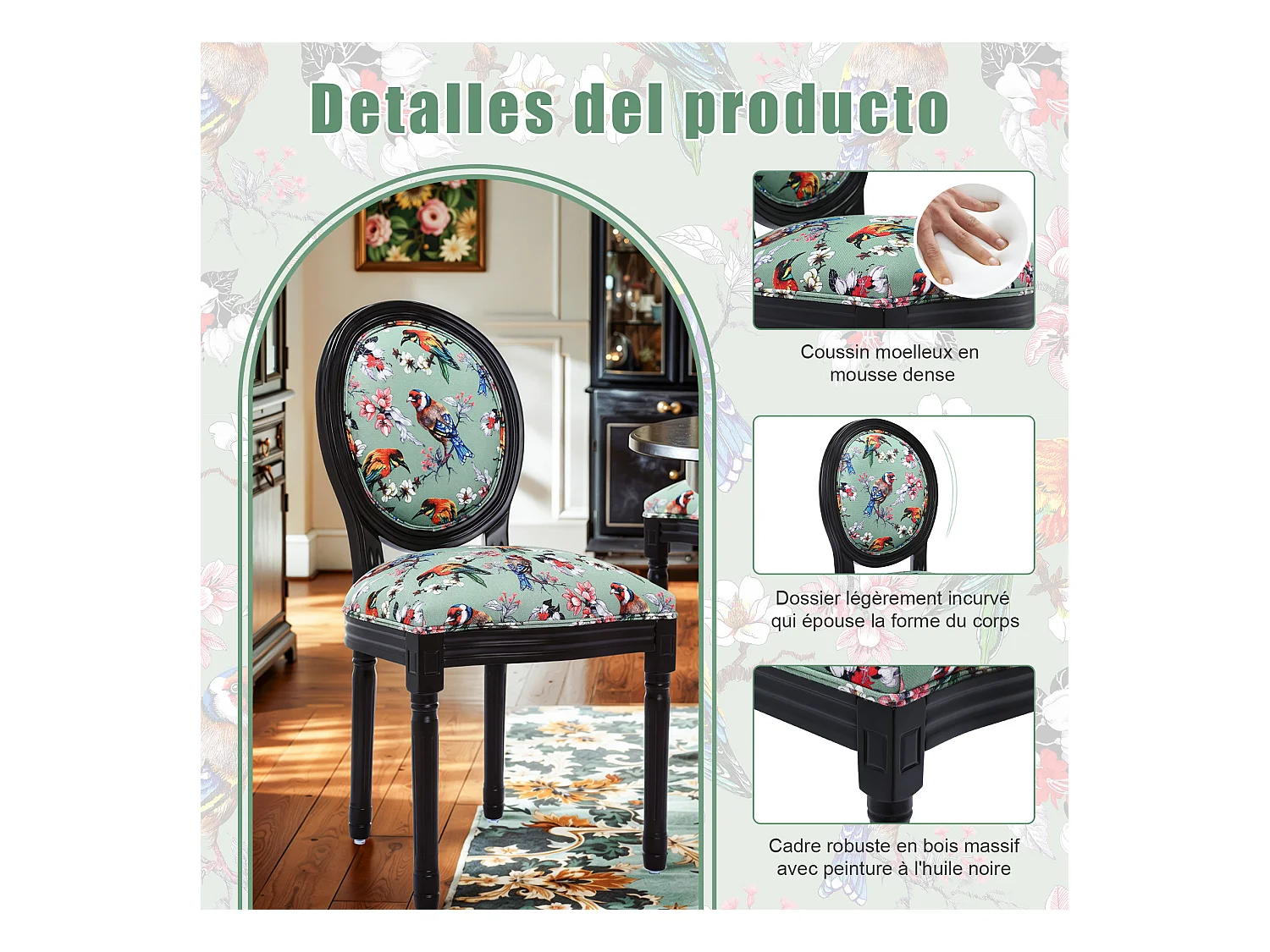 Paar eetkamerstoelen: zwart frame, vogel- en bloemenpatroon op groene achtergrond - 56×50×94,5 cm - Aziatische inspiratie