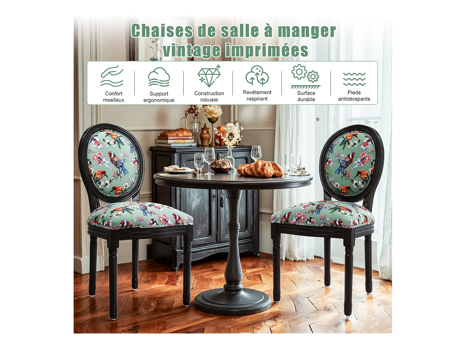 Paar eetkamerstoelen: zwart frame, vogel- en bloemenpatroon op groene achtergrond - 56×50×94,5 cm - Aziatische inspiratie