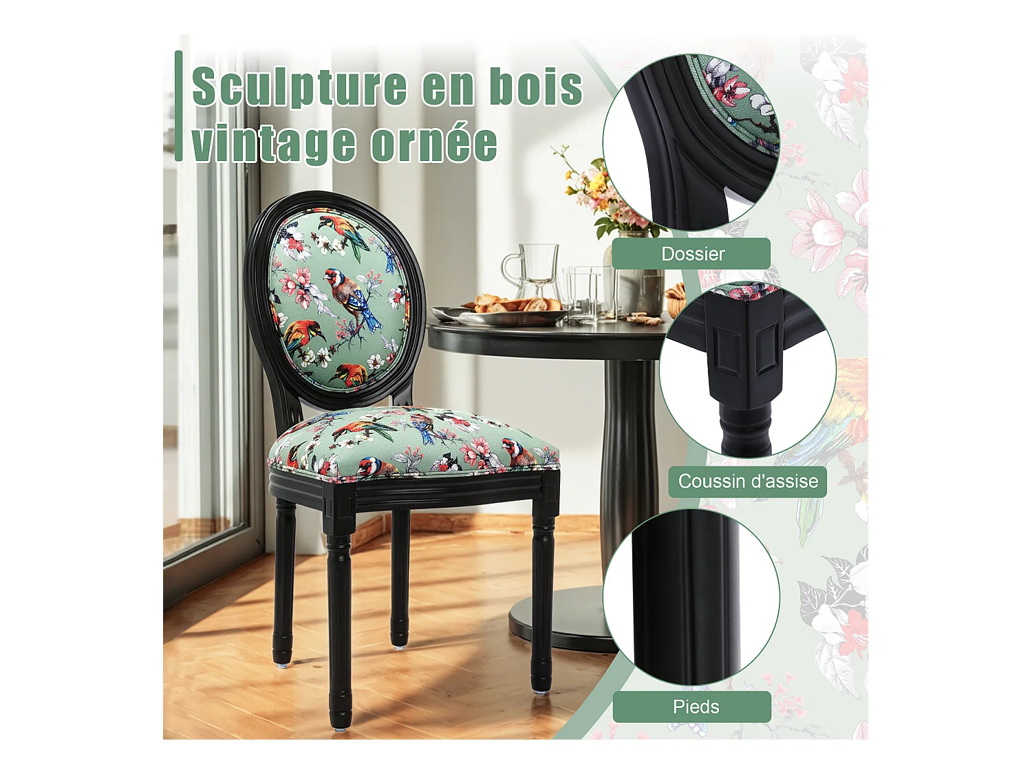 Paar eetkamerstoelen: zwart frame, vogel- en bloemenpatroon op groene achtergrond - 56×50×94,5 cm - Aziatische inspiratie