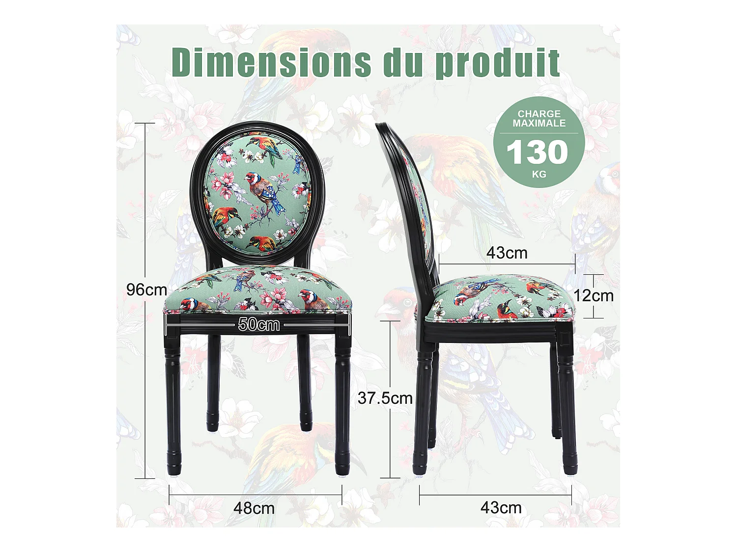 Paar eetkamerstoelen: zwart frame, vogel- en bloemenpatroon op groene achtergrond - 56×50×94,5 cm - Aziatische inspiratie