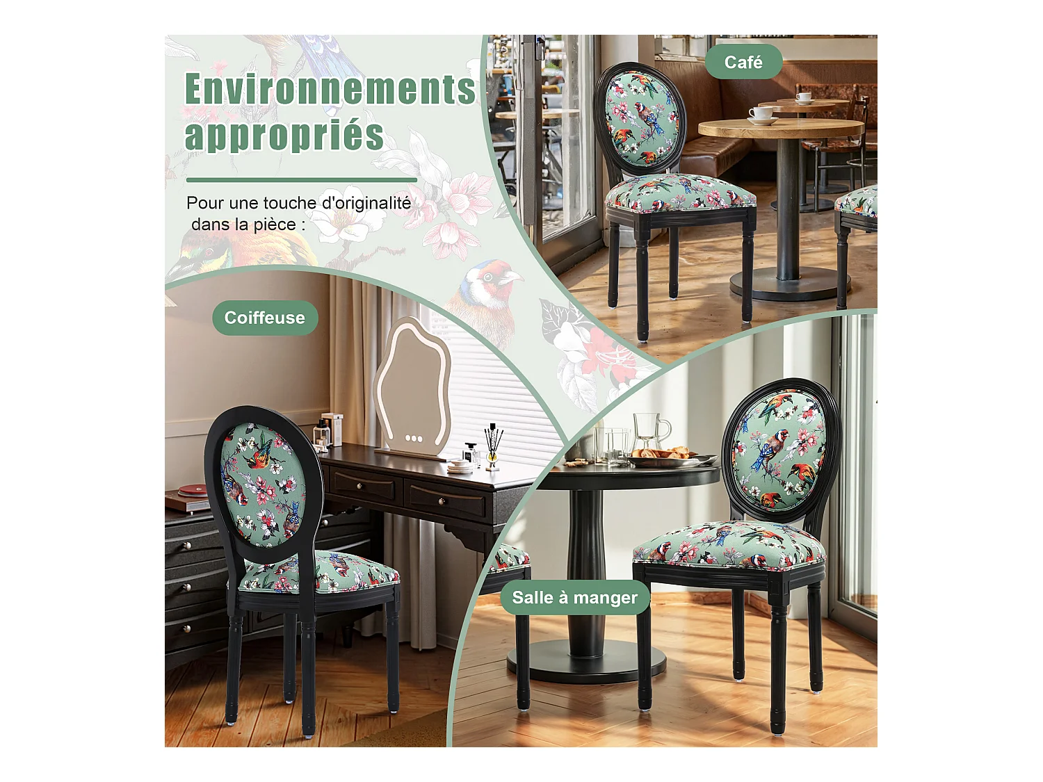 Paar eetkamerstoelen: zwart frame, vogel- en bloemenpatroon op groene achtergrond - 56×50×94,5 cm - Aziatische inspiratie