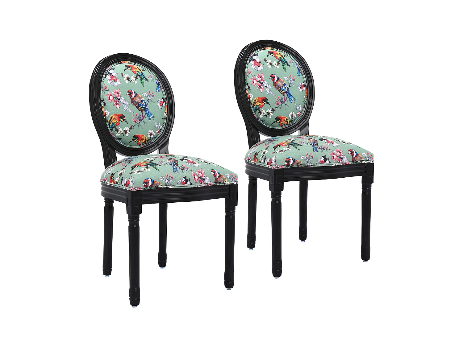 Lot de 2 chaises de salle à manger - Style Louis XVI à médaillon, en bois massif sculpté et patiné - Motif vert fleurs et oiseaux - Élégance rétro