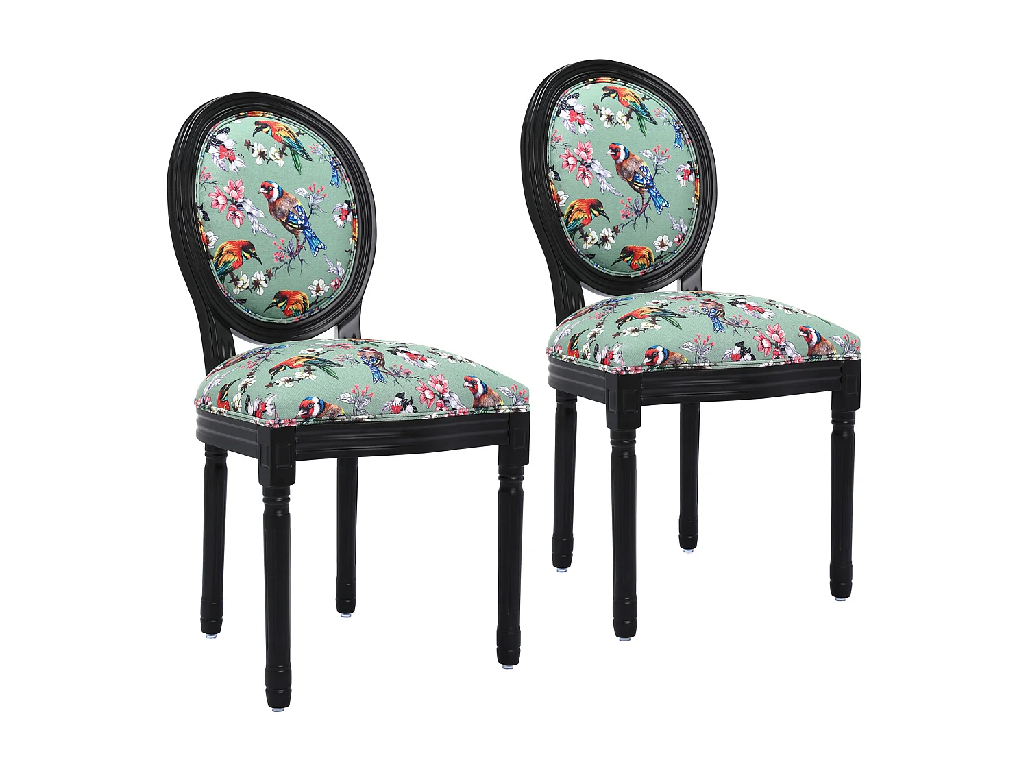 Lote de 2 sillas de comedor - Estilo Luis XVI con medallón, en madera maciza tallada y patinada - Motivo verde de pájaros y flores - Elegancia retro